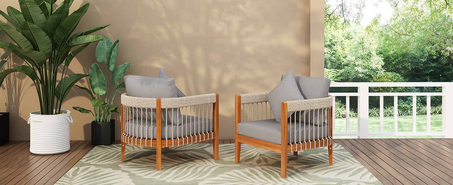 Azari Outdoor Acacia Wood Club Chair with Handwoven Rope Accents & Curved Backrest