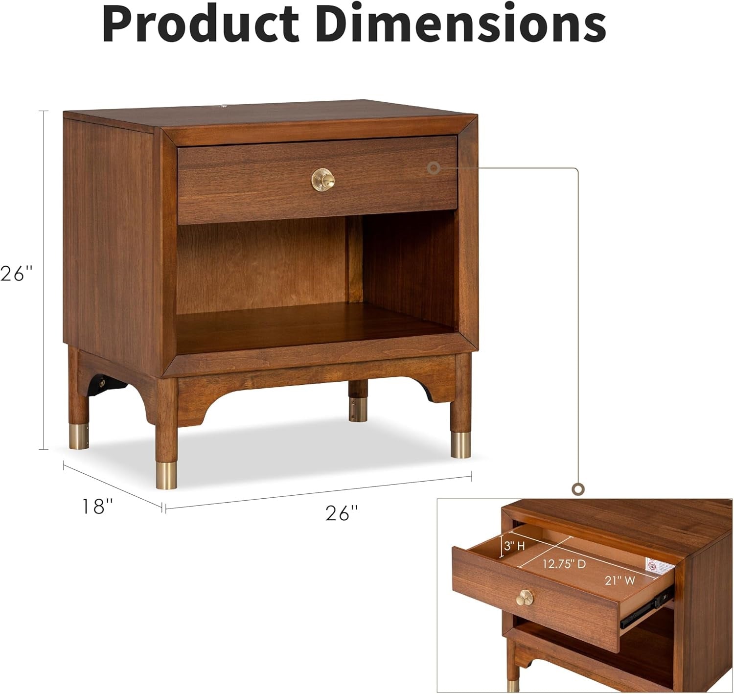 Edison Mid-Century Modern Nightstand with Gold Capped Legs