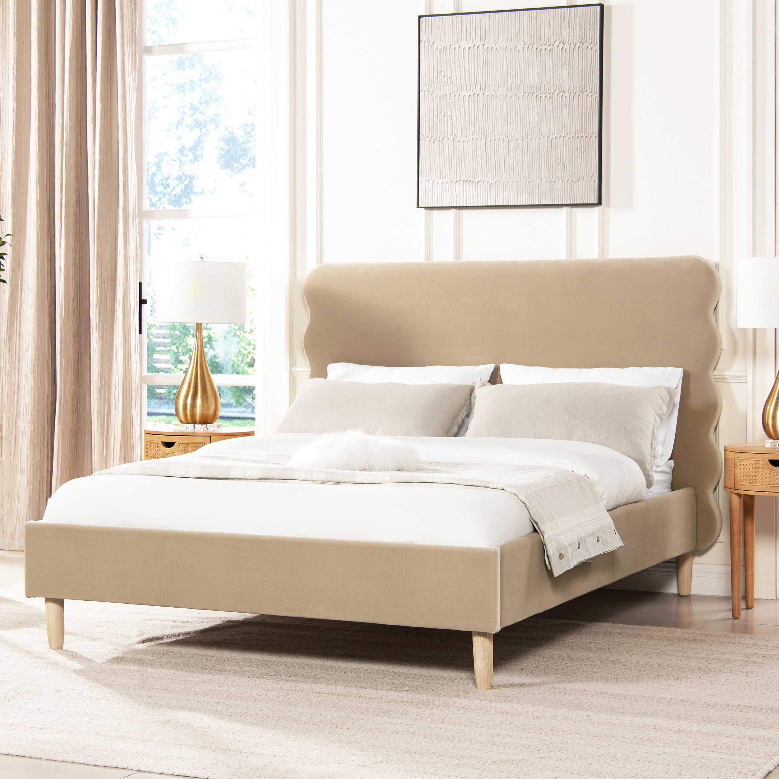 Essencee Upholstered Platform Bed with Wavy Headboard and Wood Legs