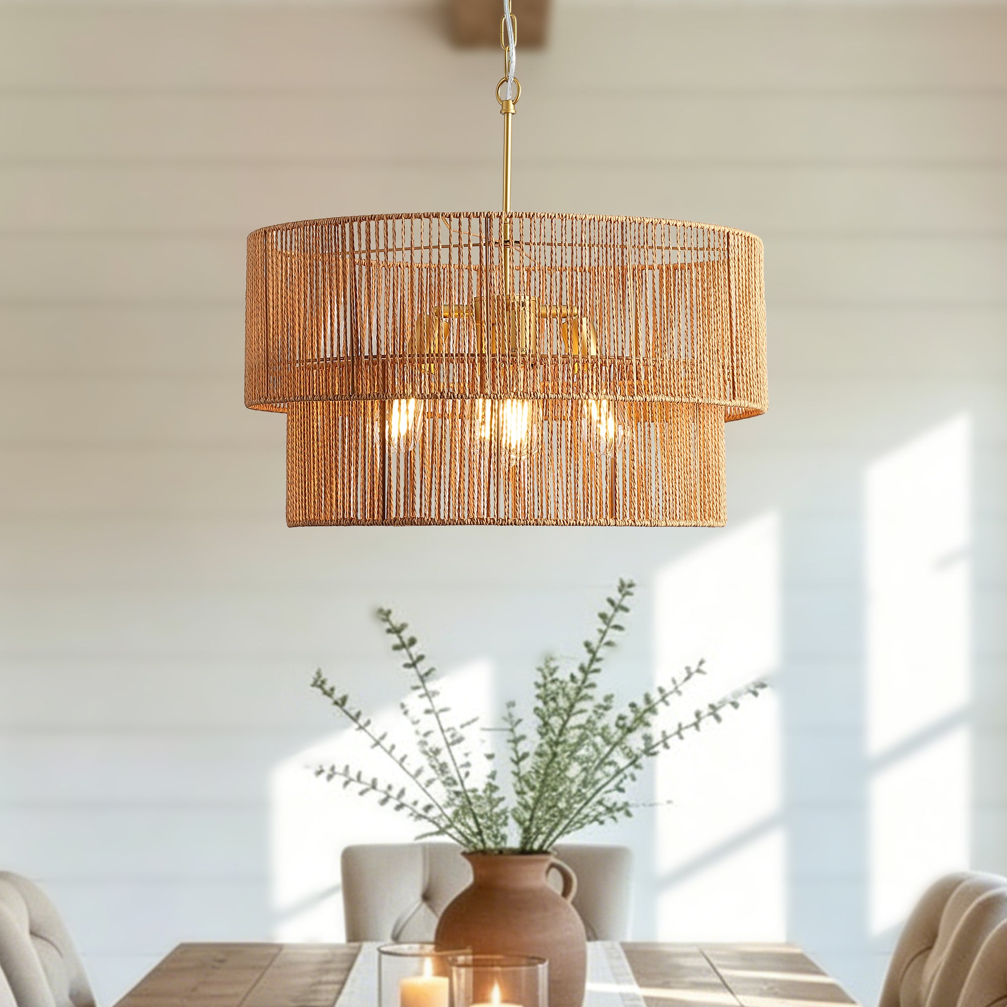 Handwoven Rattan Chandelier, 2-Tier Boho Wabi-Sabi Pendant Light