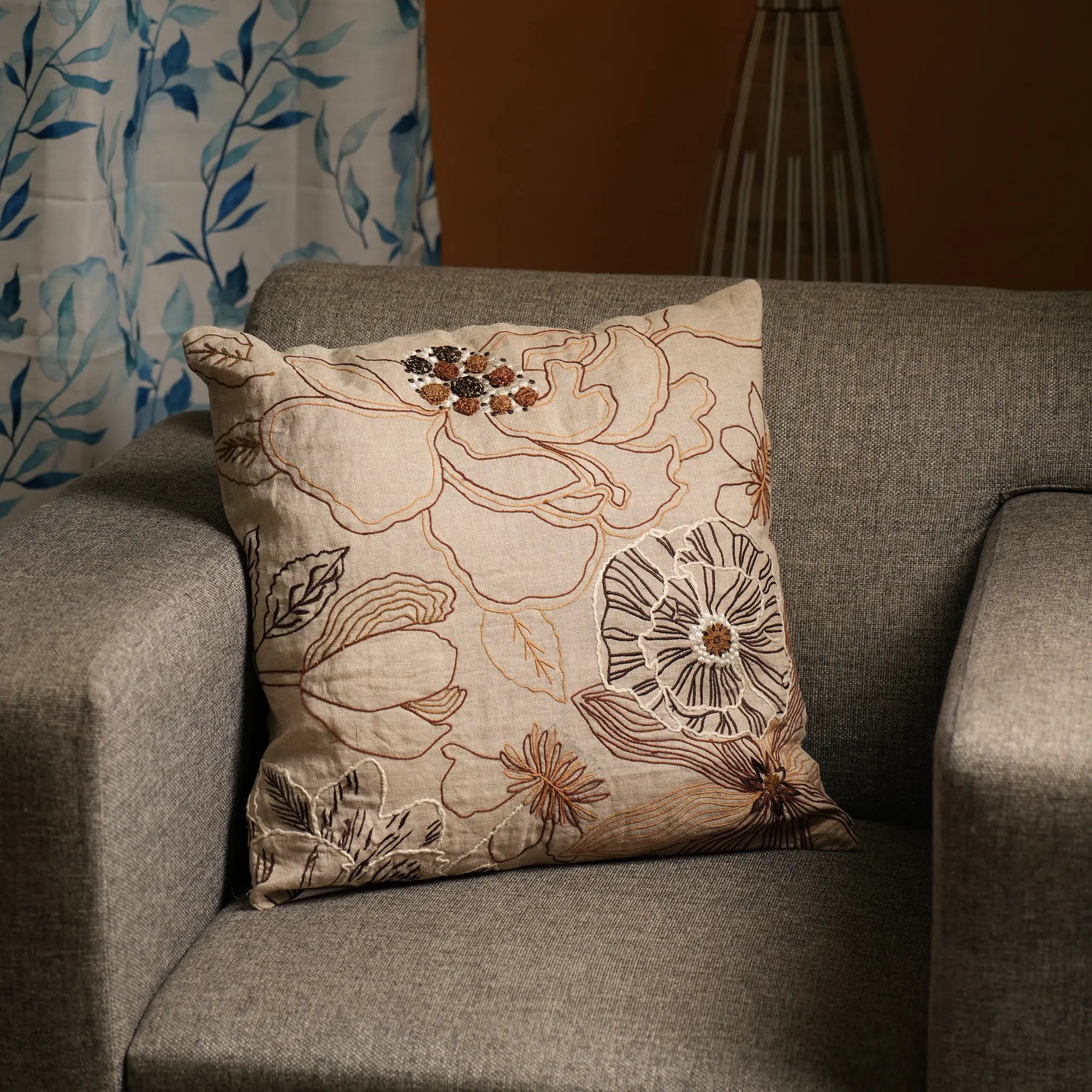 100% Linen Floral Embroidered Cushion