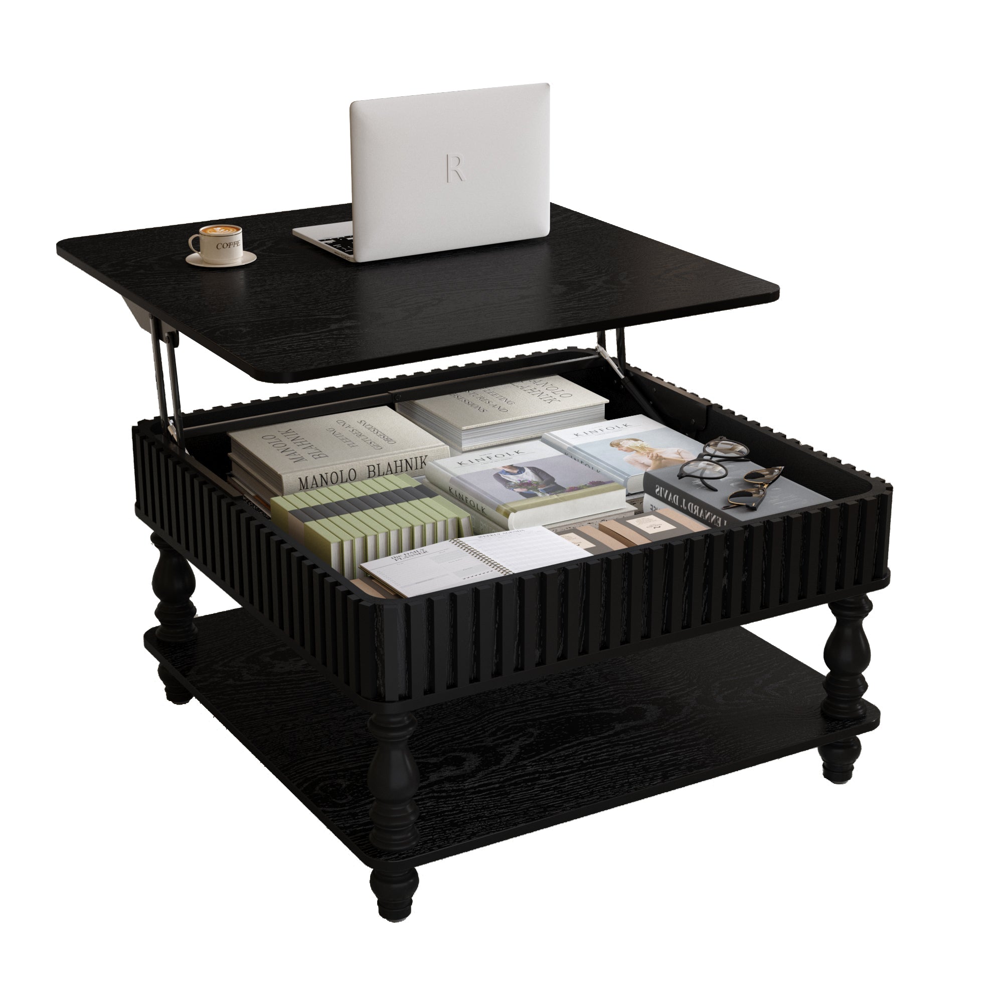Square Fluted Lift-Top Coffee Table with Hidden & Open Storage