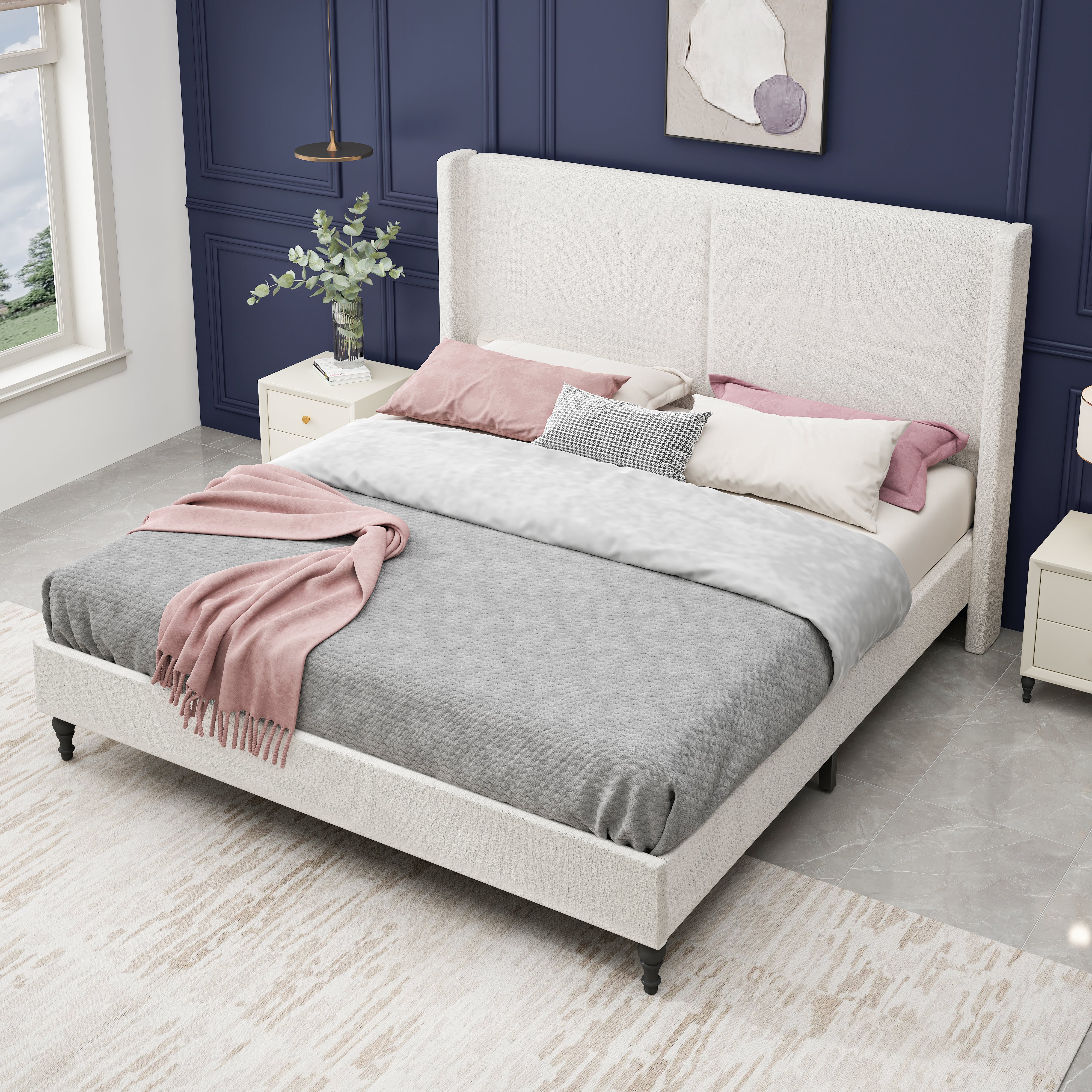 Bed Frame with 55.5"High Back Boucle Upholstered Headboard