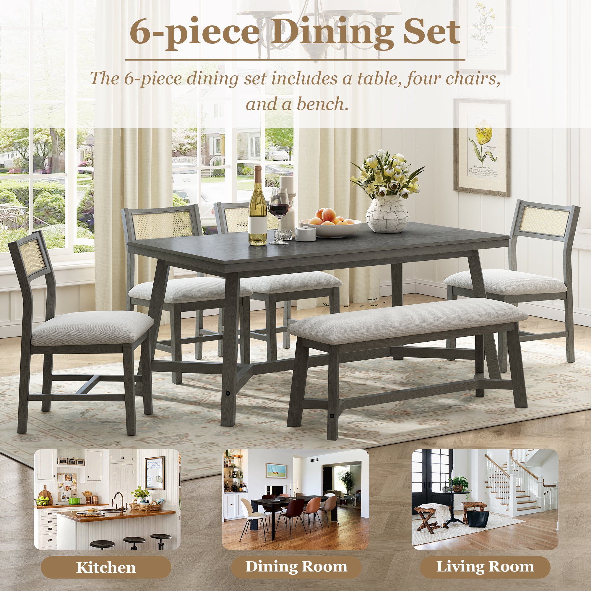 6-Piece Dining Set with Rectangular Table, 4 Upholstered Chairs and Bench