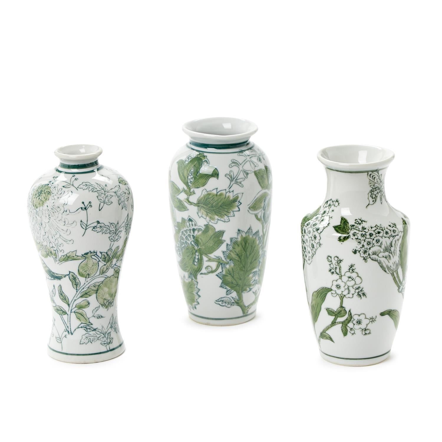Primrose and Lotus Hand-Painted Green and White Chinoiserie Vases, Set of 3