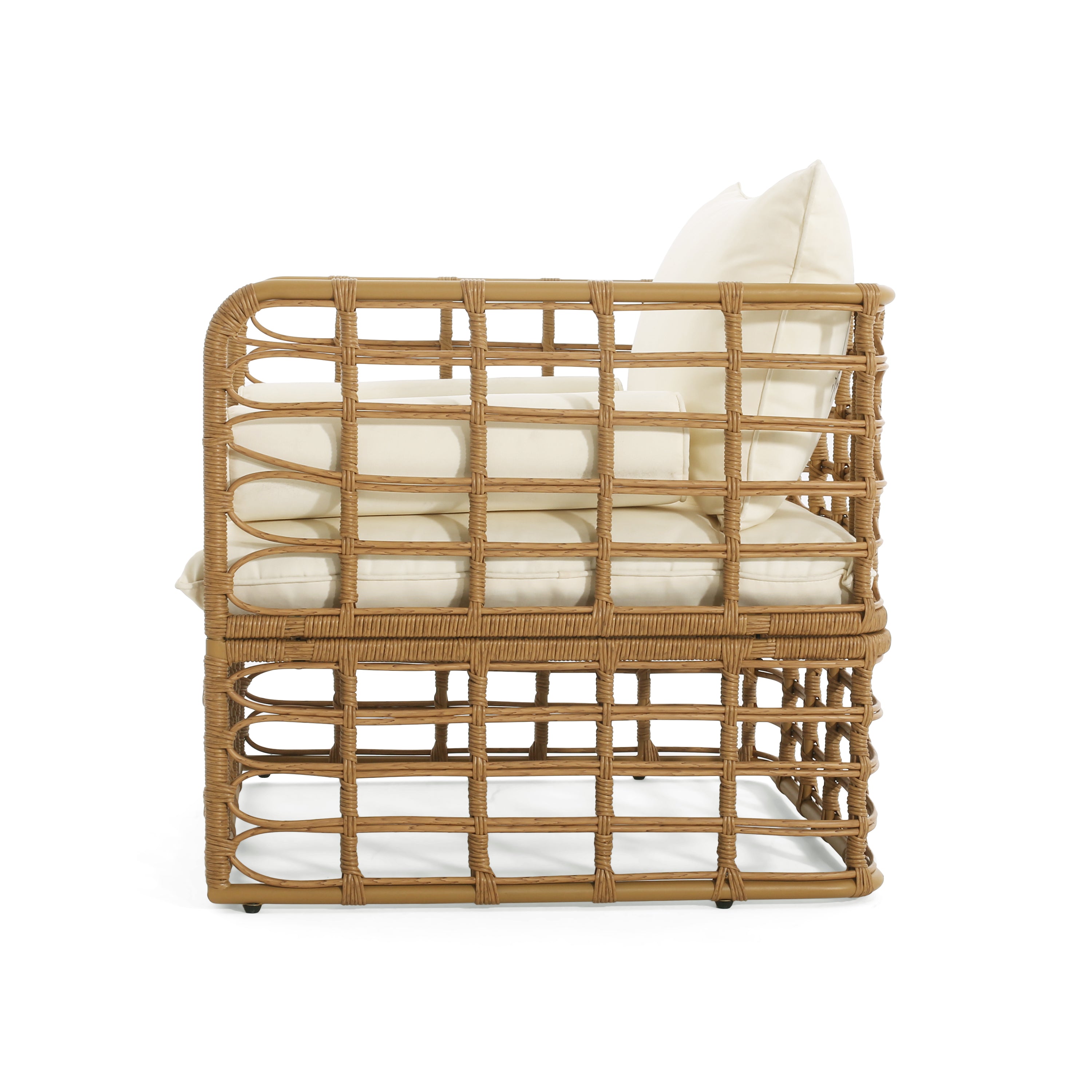 Blithely Outdoor Rattan Accent Chair with Cushions and Open Weave Boho Design