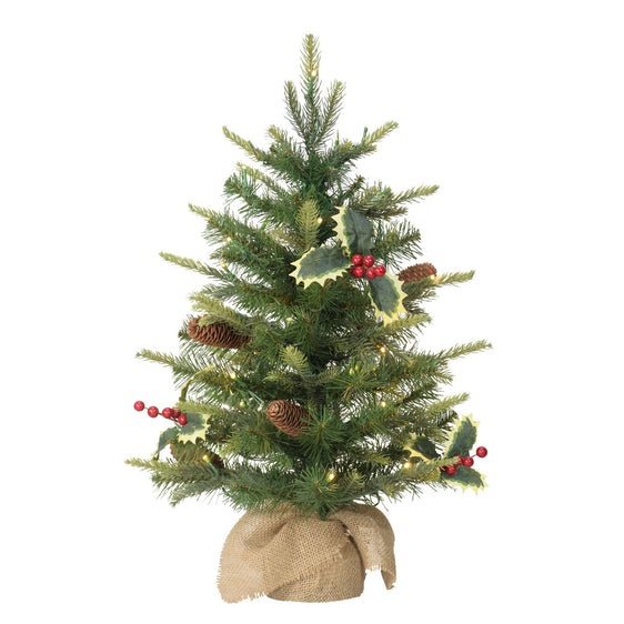 Pre-lit 2 ft Table Top Artificial Christmas Tree with Pine Cones in Tan Sack