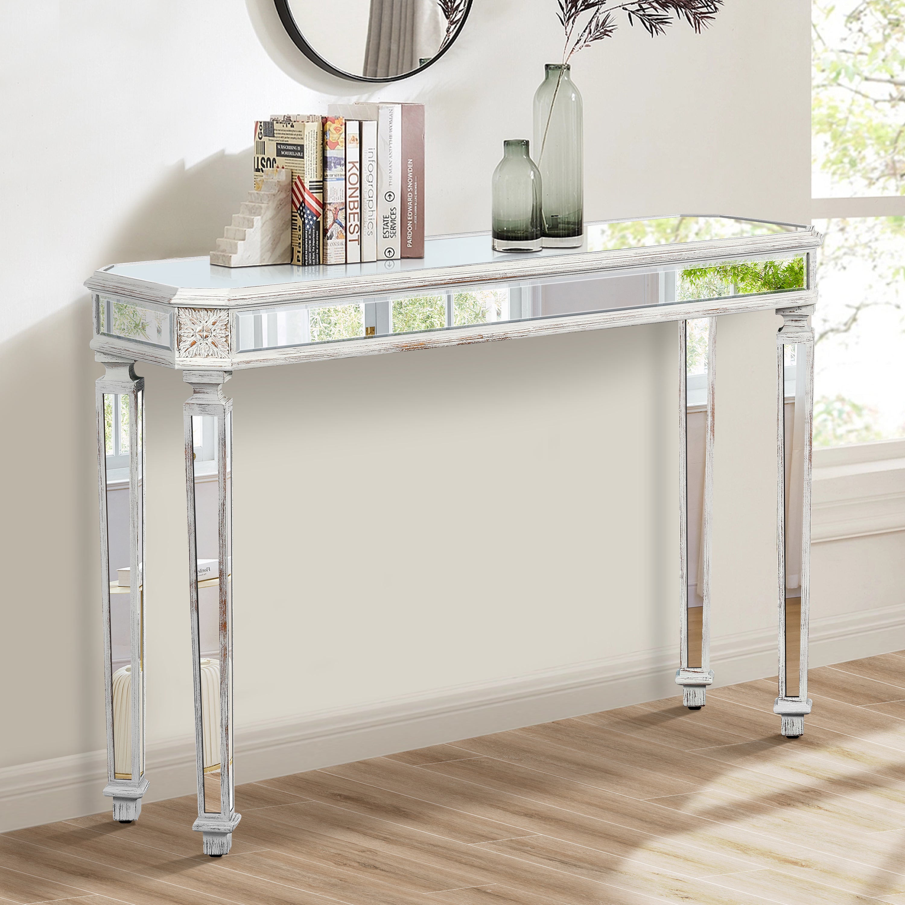 Mirror Console Table with Vintage Wood Grain Carving