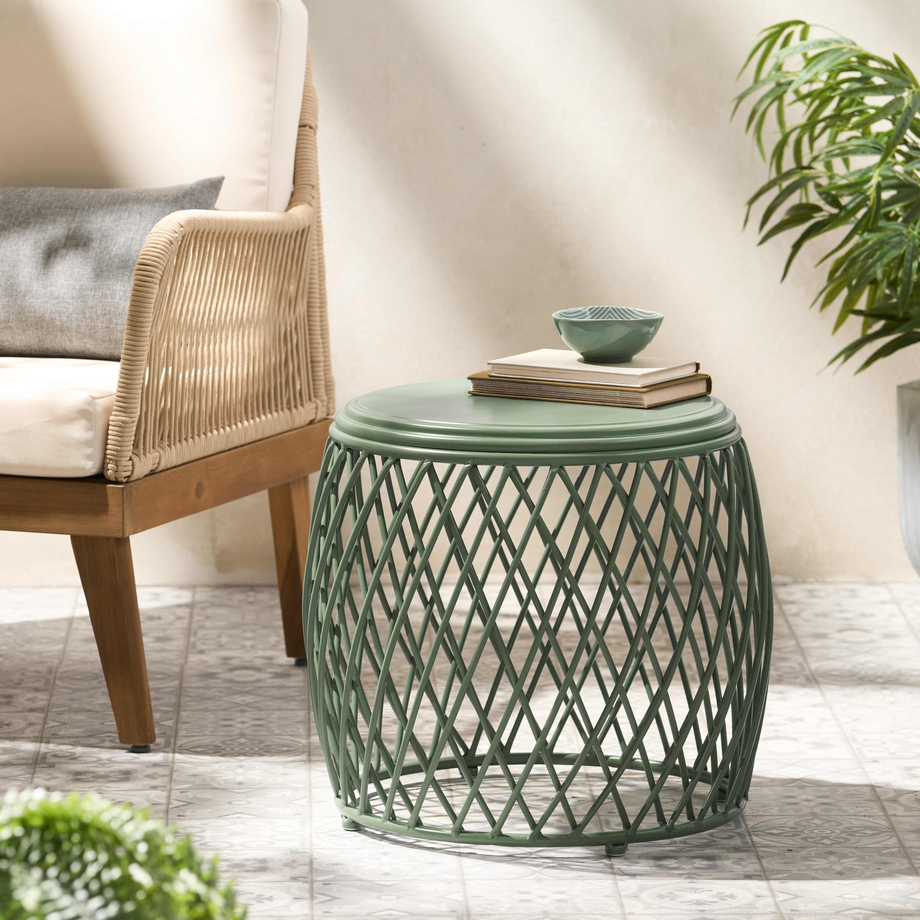 Coveted 19.75" Outdoor Cylindrical Iron Side Table with Lattice Design