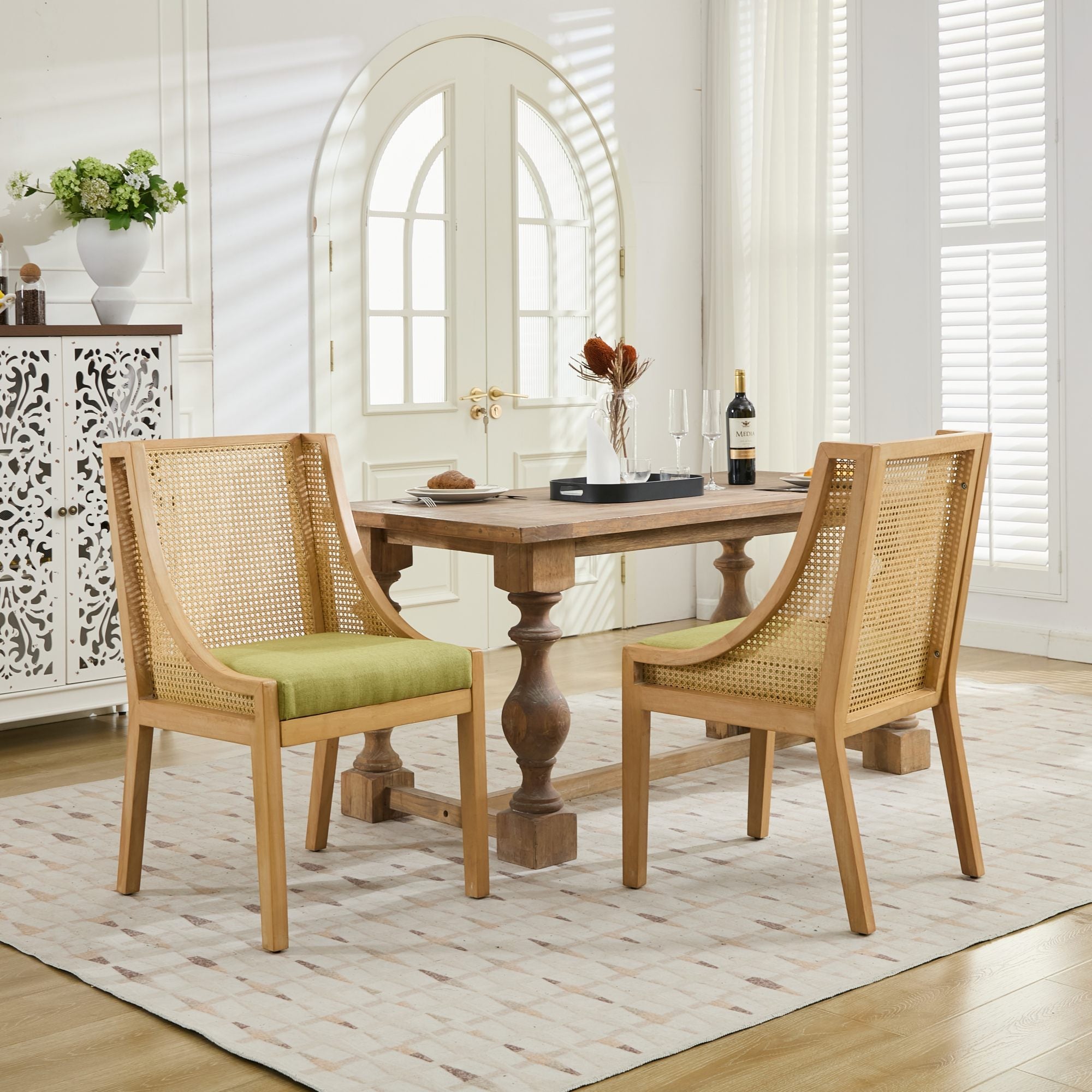 Linen Upholstered Rattan Dining Chair with Decorative Armrests