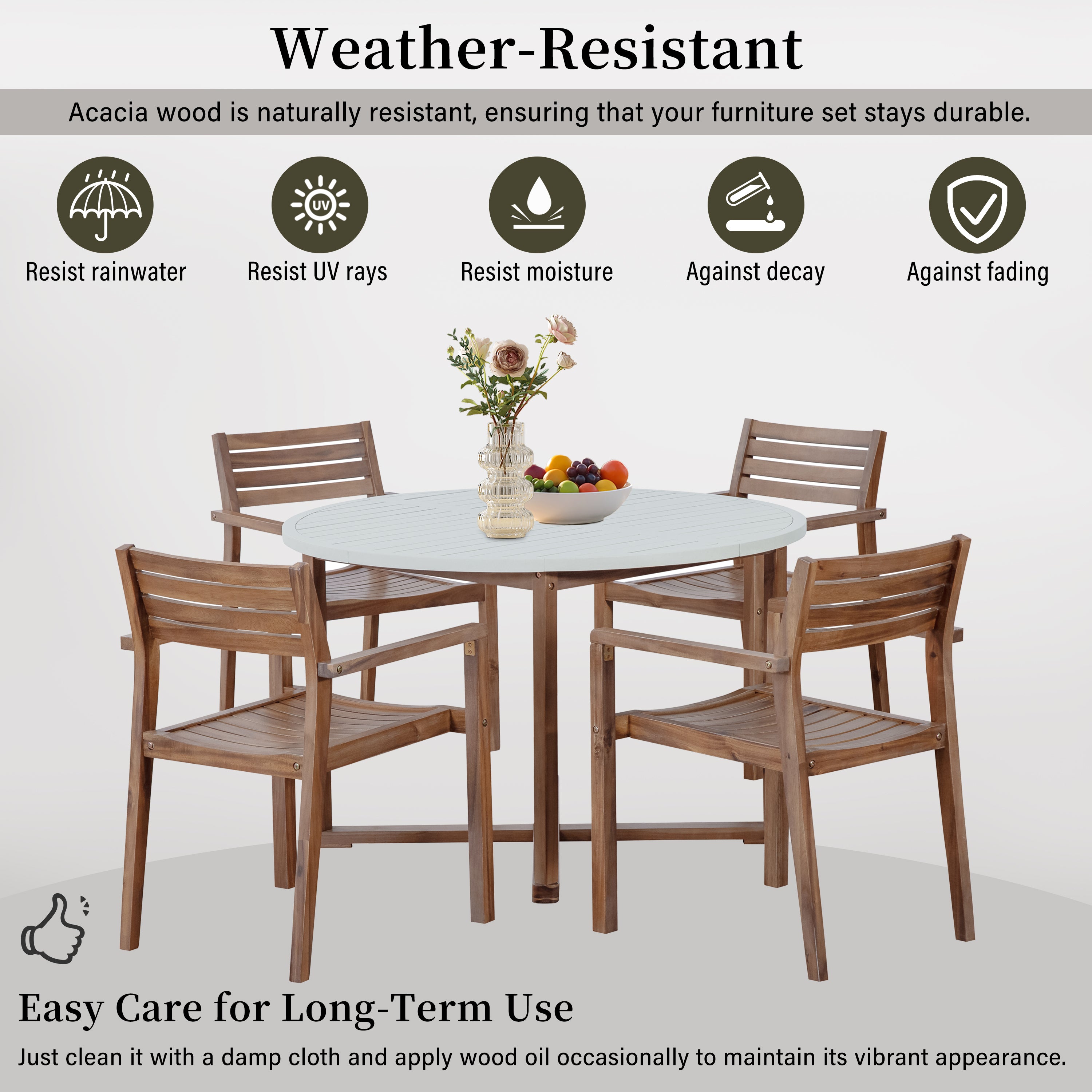 U_STYLE 5-Piece Outdoor Dining Set with 4 Acacia Wood Chairs,47.2" Round Dining Table with Slatted Design, Ideal for Patios, Gardens, Poolsides, and Lawn Areas & Indoor