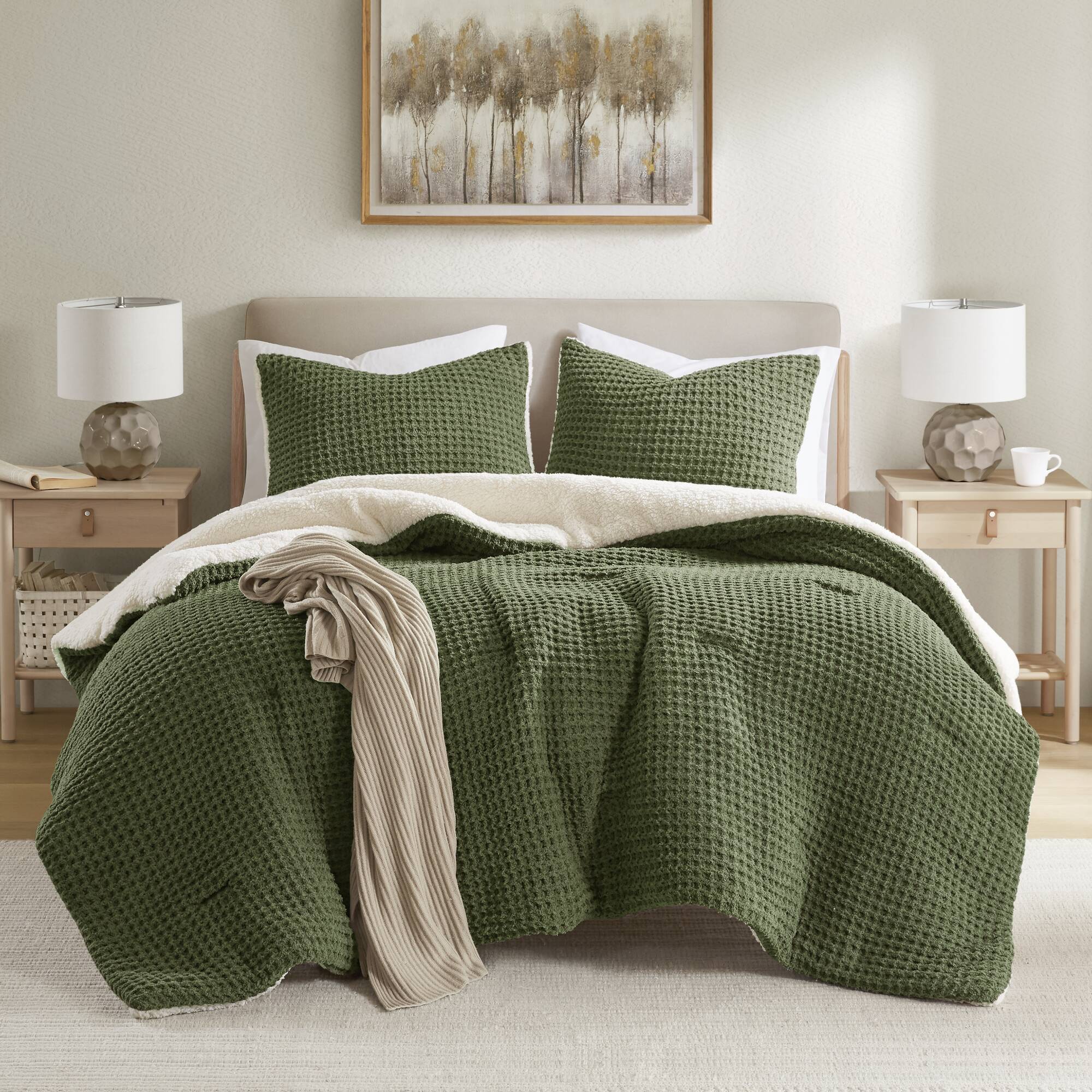 2 Piece Olive Waffle Knit Chenille Comforter Set