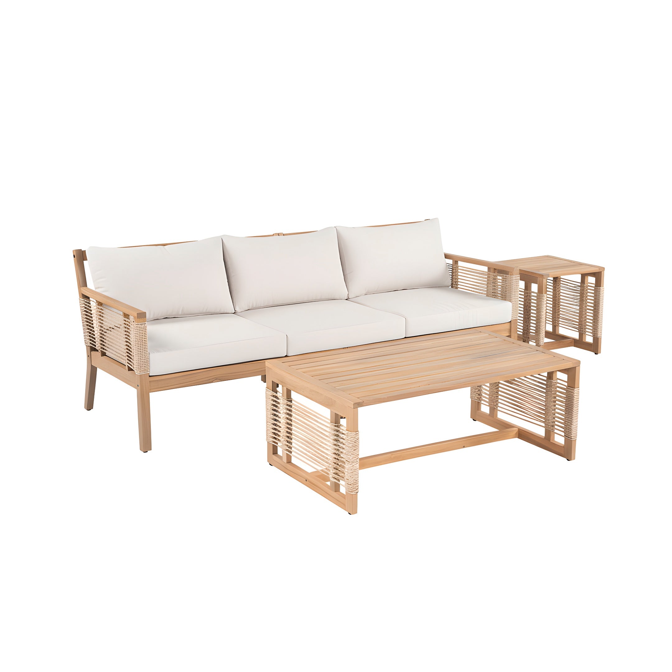 Kirana Outdoor Patio Acacia Wood 3-Seater Sofa Set with 2 Coffee Tables