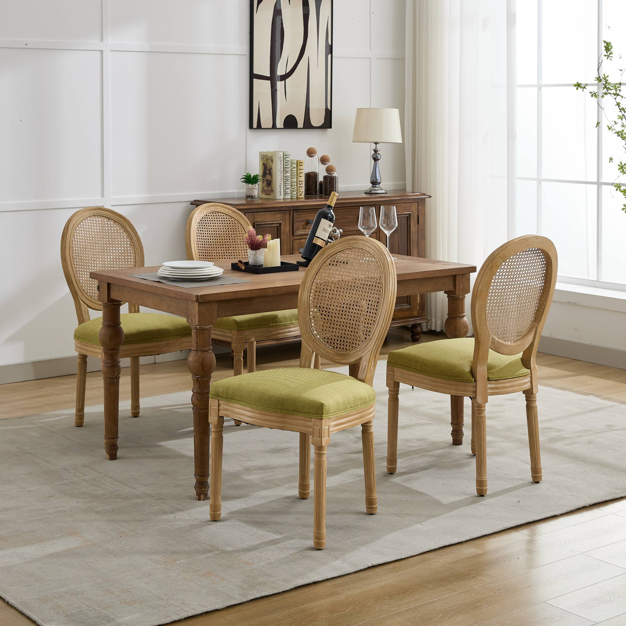 French Country Dining Chairs with Round Rattan Backrest, Set of 2