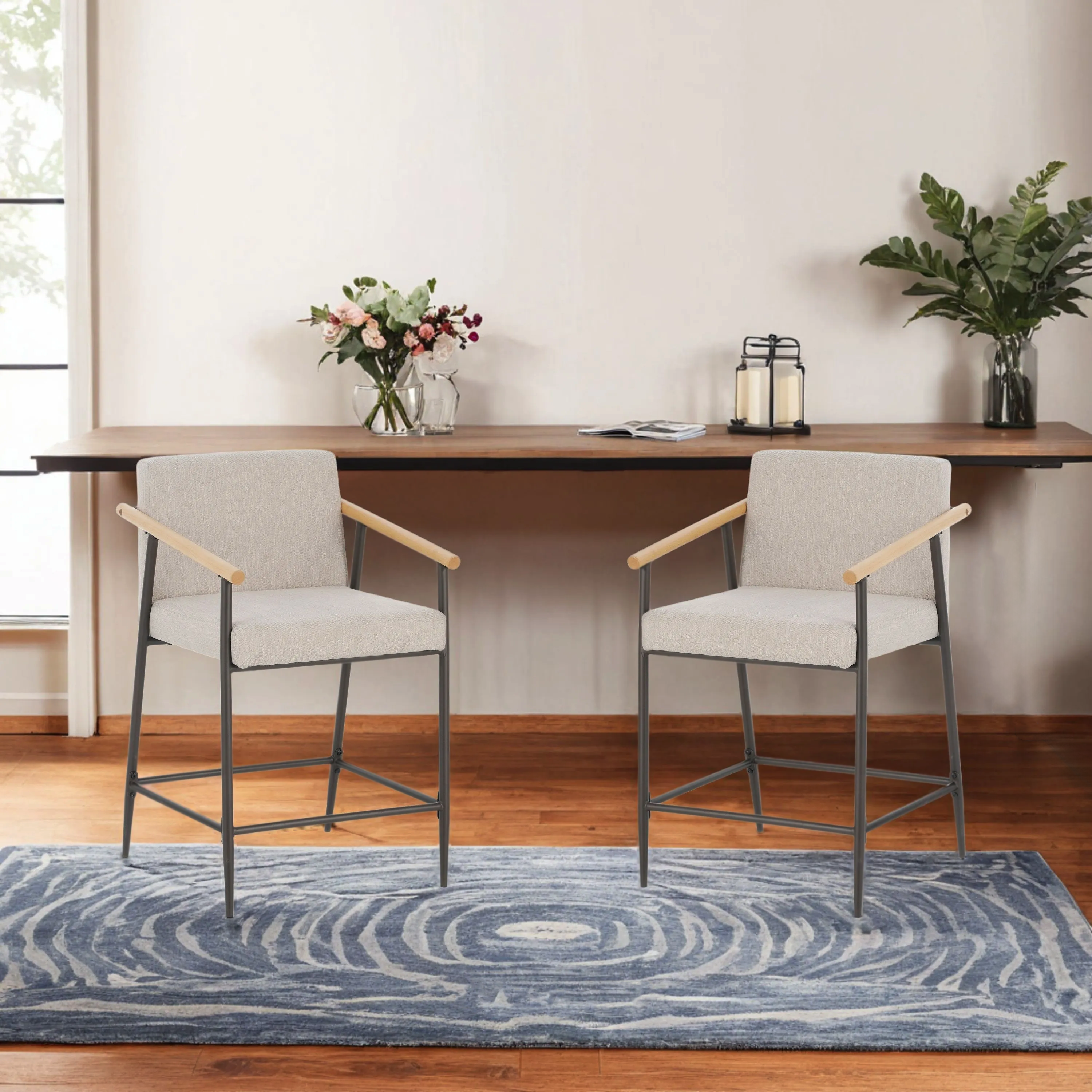 Kentwood Square Back Upholstered Counter Stool with Iron Frame, Set of 2