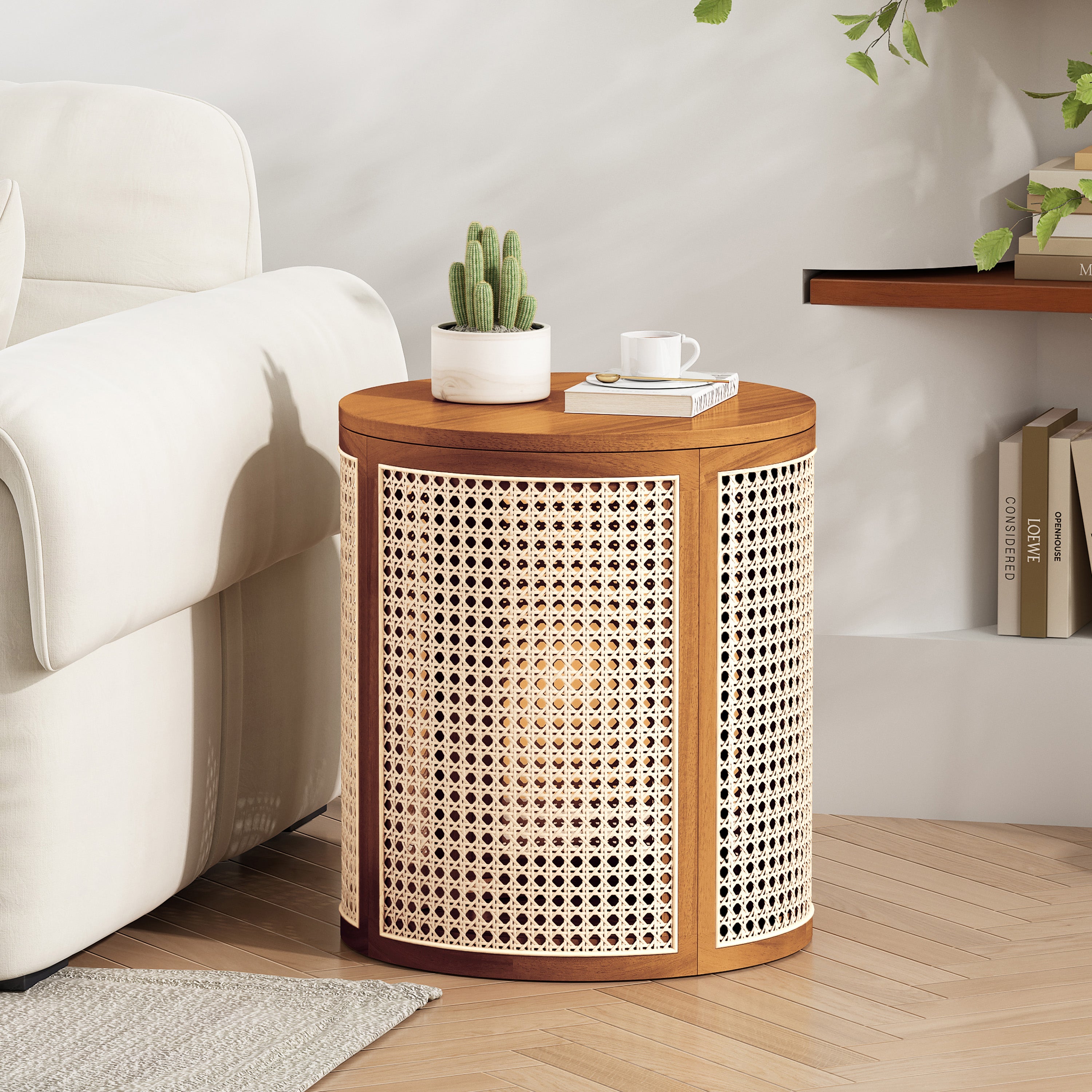 Round Rattan Pillar Storage Accent Table
