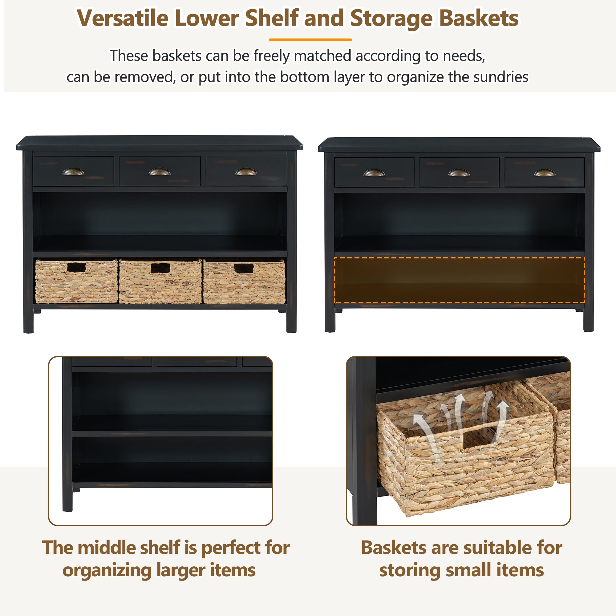 Coronate Console Table with Drawers and Water Hyacinth Woven Baskets