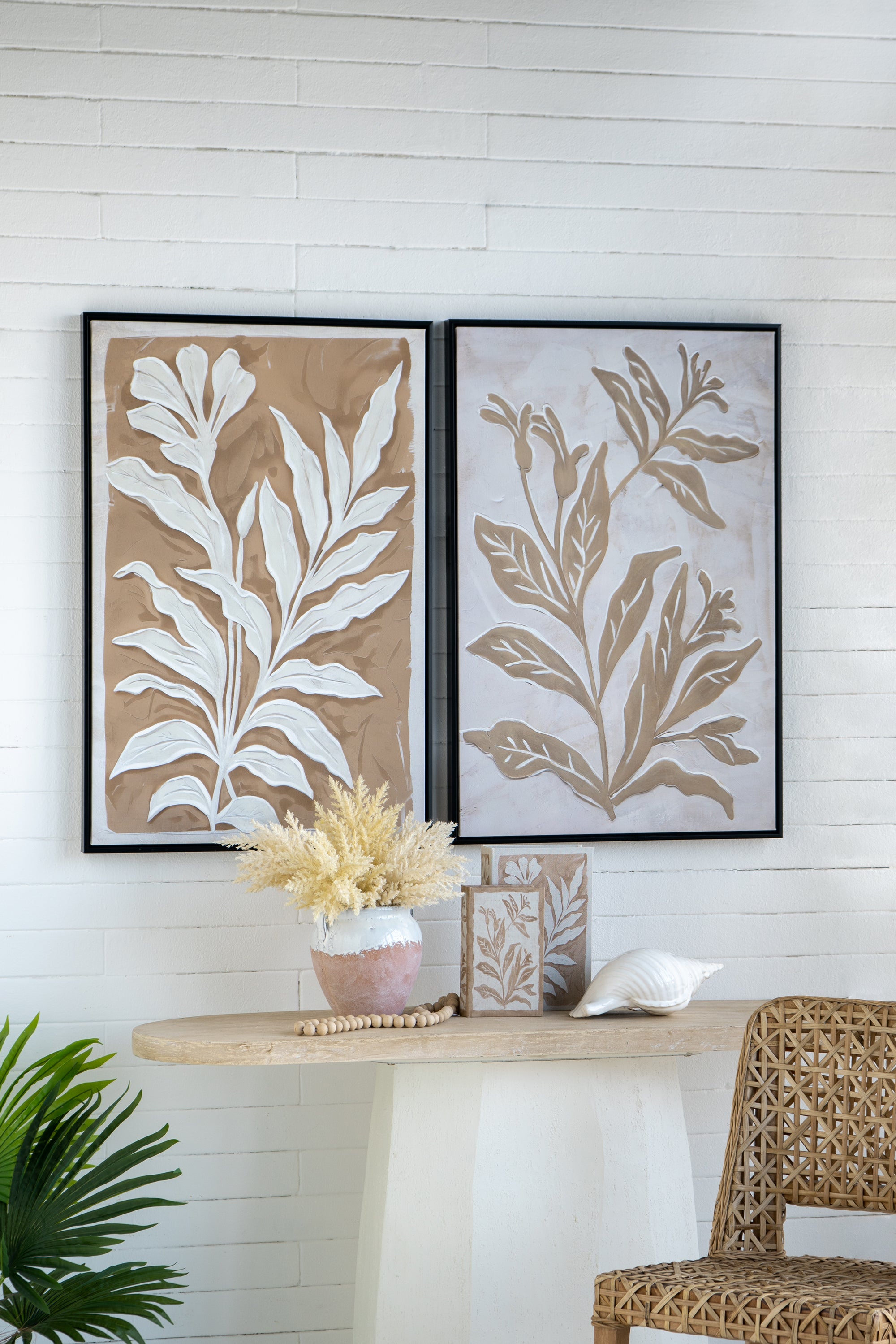 Brown and White Minimalist Leaf Paintings with Black Frame, Set of 2