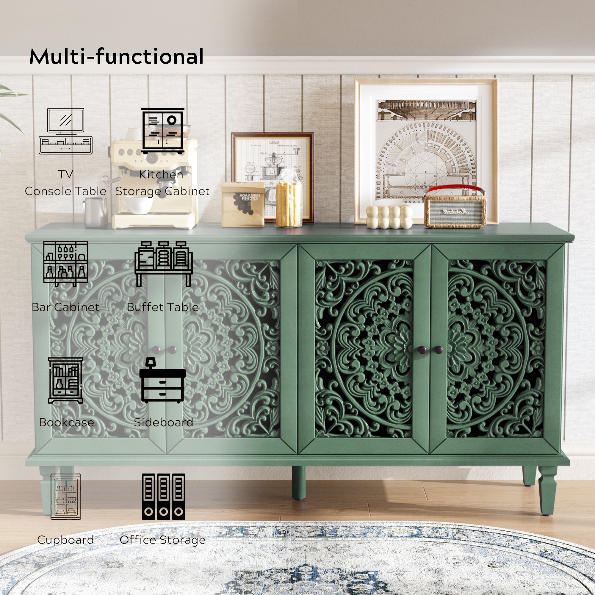 Floral Carvings Buffet Storage Cabinet