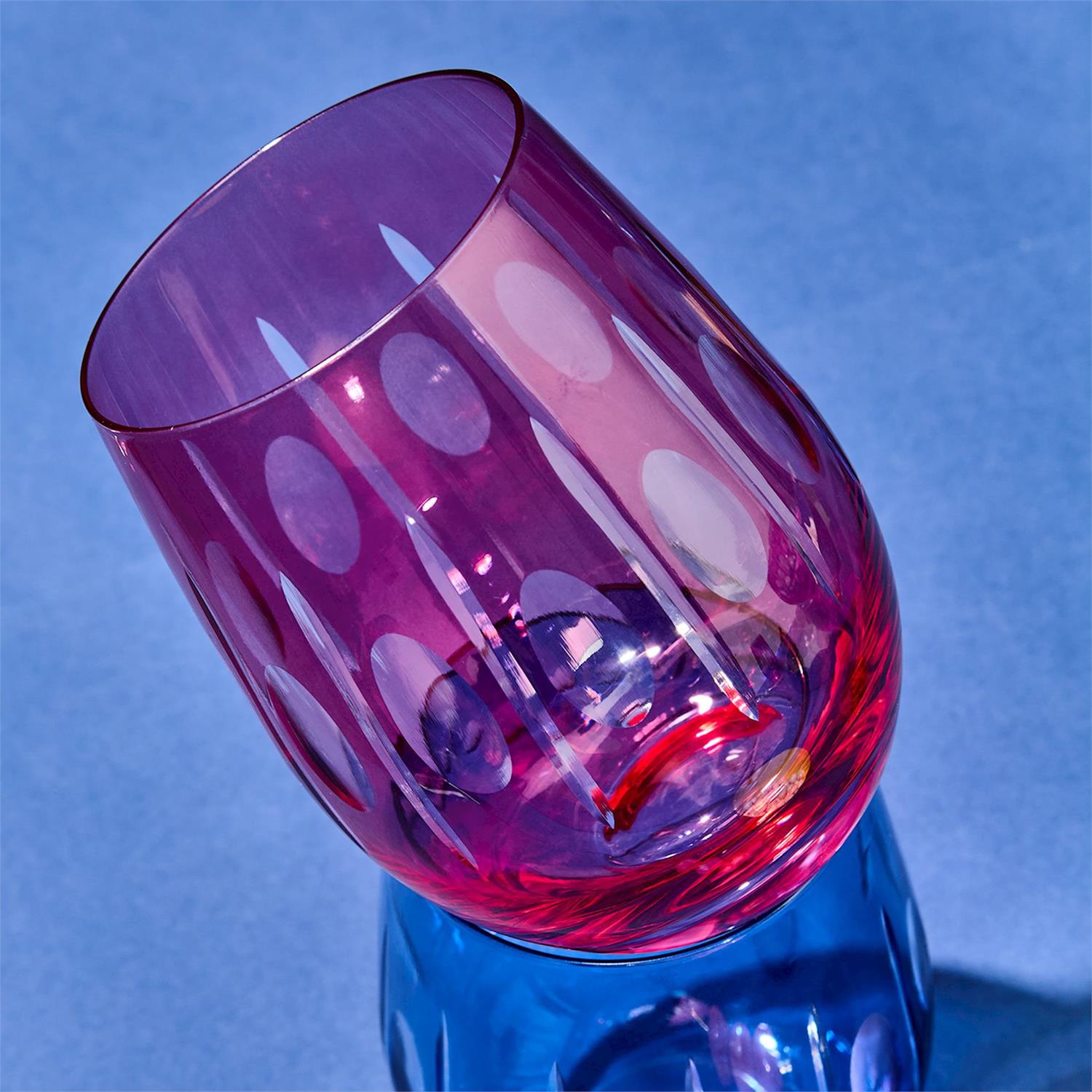 Sparkling Cut Pink Hand Engraved Stemless Wine Glasses, Set of 4