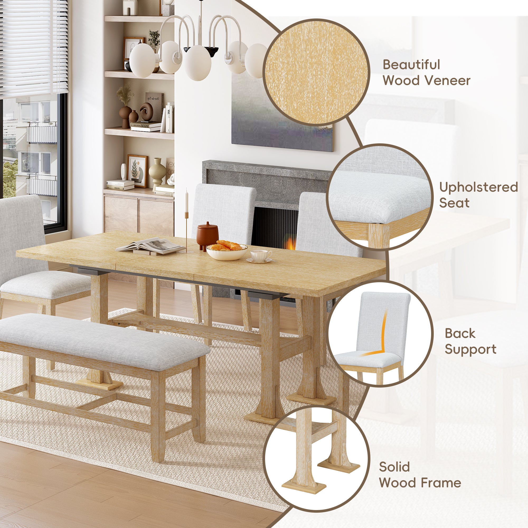 6-Piece Dining Set with Rectangular Extendable Table, Upholstered Dining Bench and 4 Chairs