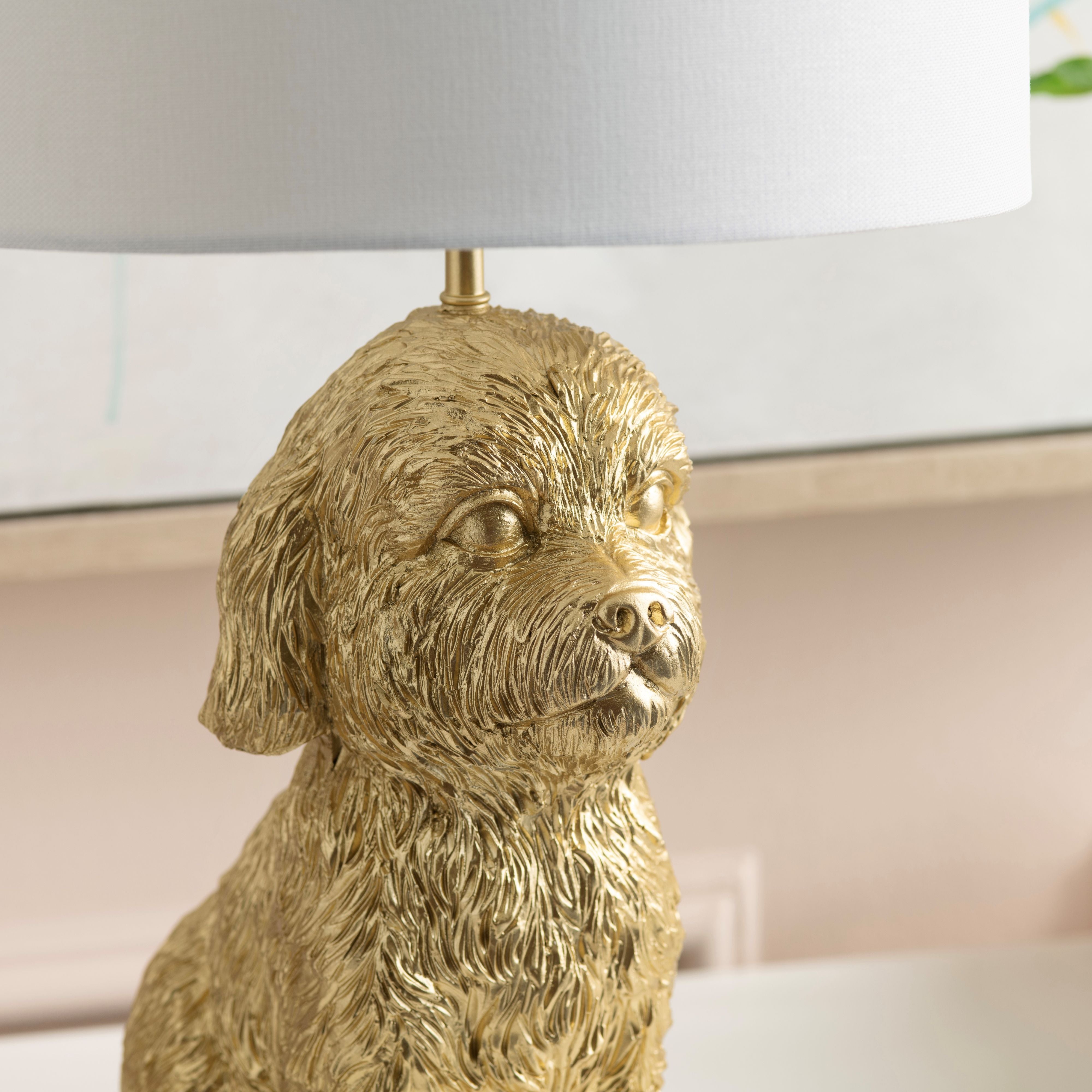 Gold Resin Doodle Dog Table Lamp With Shade