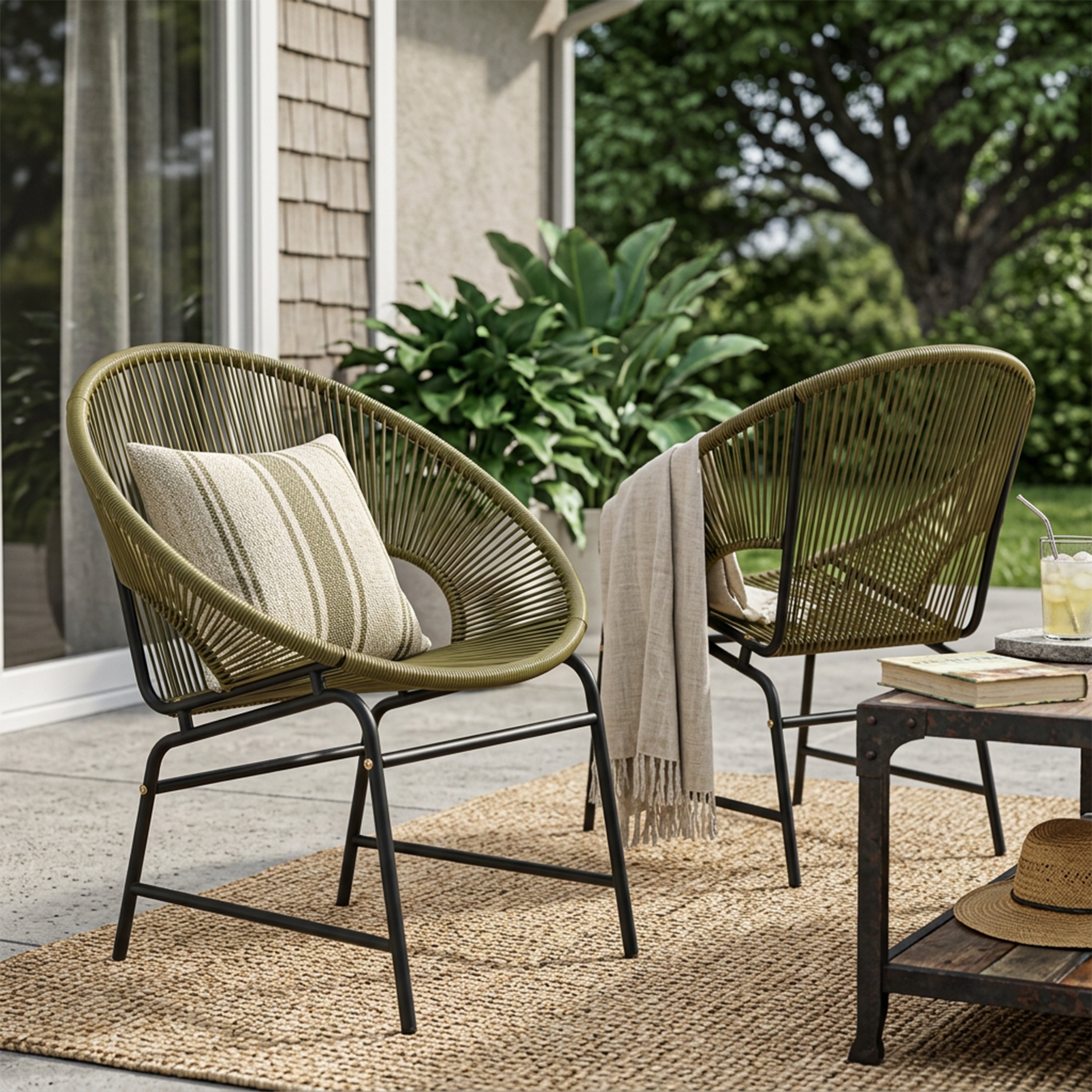 NUSA OUTDOOR PATIO WICKER CHAIR, TEAL PE RATTAN & IRON FRAME, SET OF 2