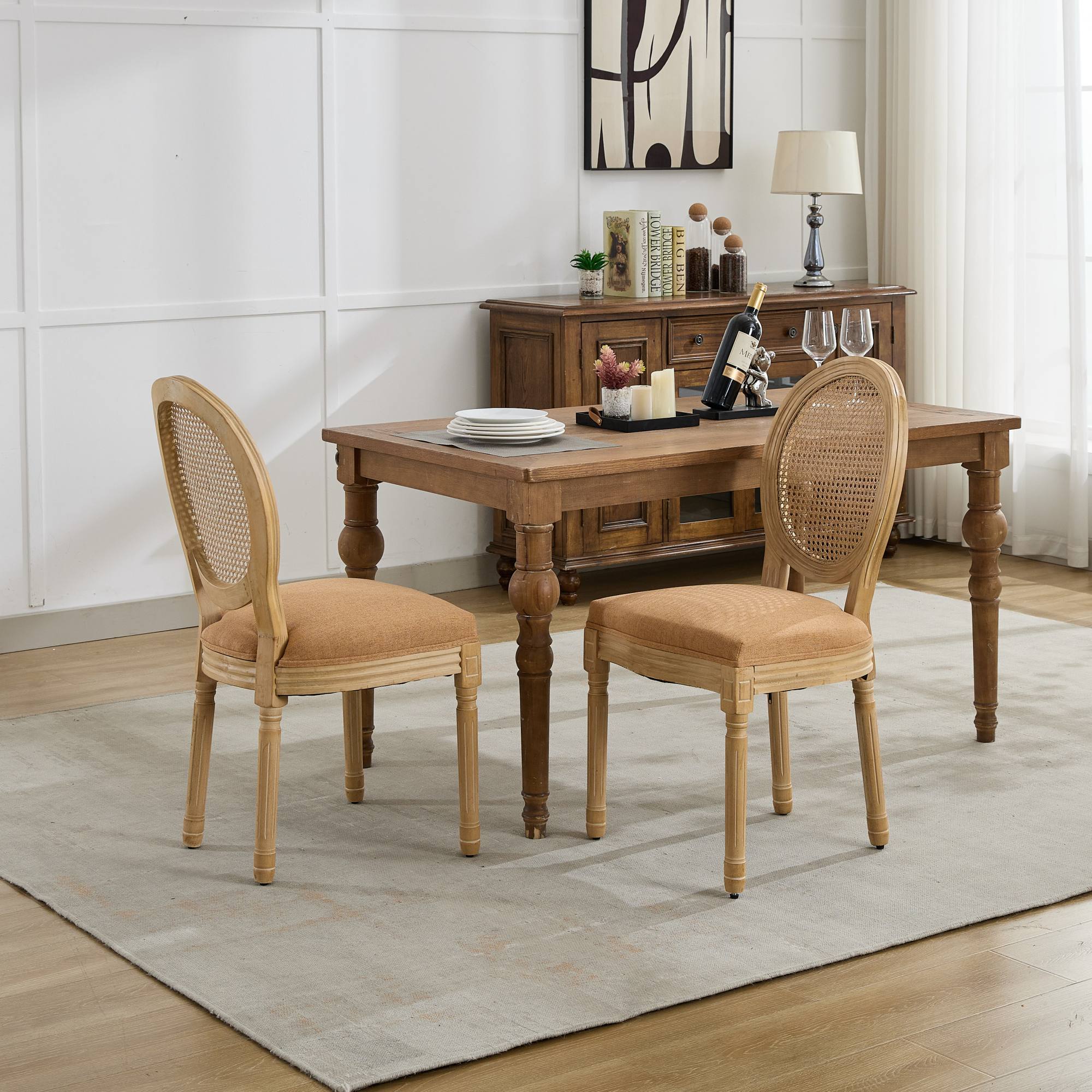 French Country Dining Chairs with Round Rattan Backrest, Set of 2
