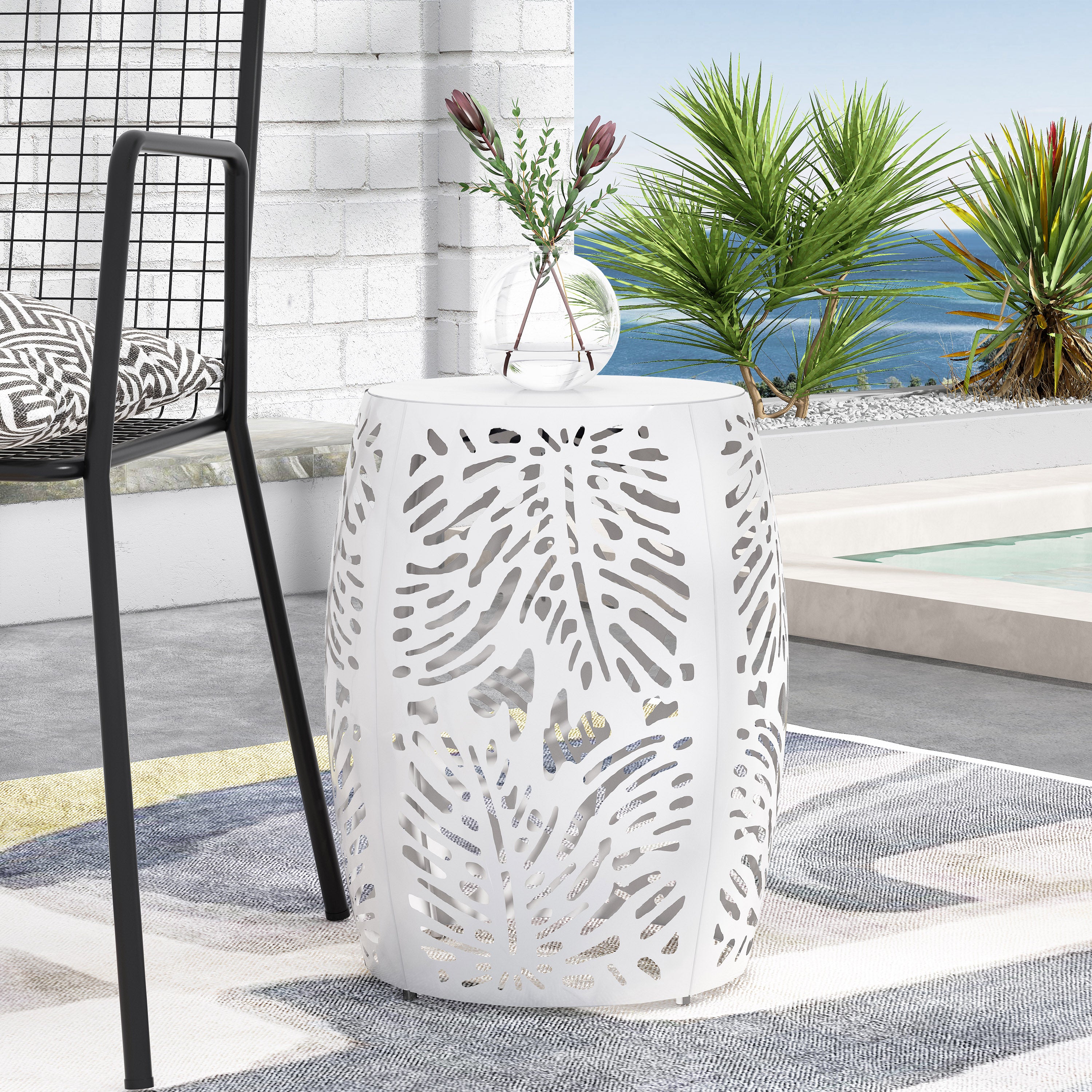Rebirth Outdoor End Table with Tropical Palm Leaf Pattern and Iron Frame