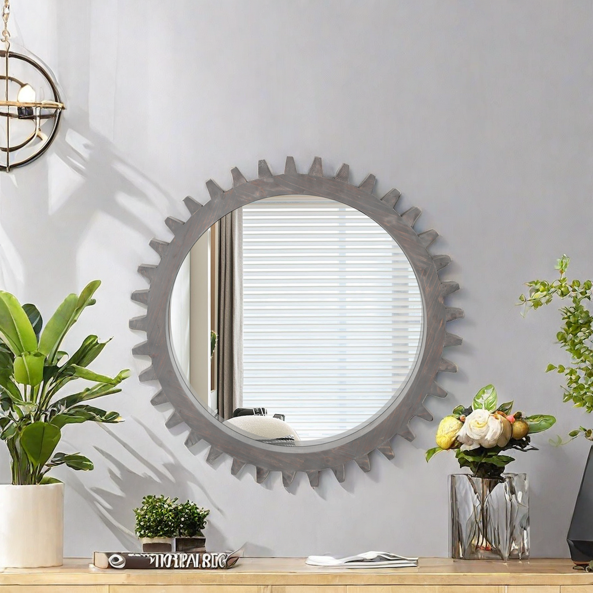 Harmonyx Wall Mirror with Gear Shape and Wood Frame