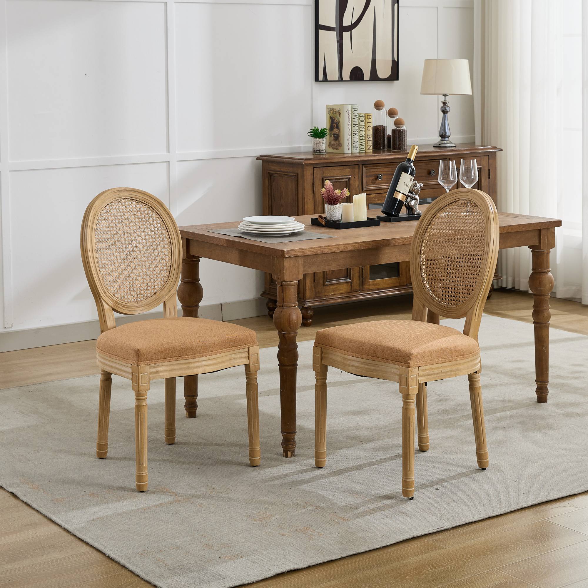 French Country Dining Chairs with Round Rattan Backrest, Set of 2