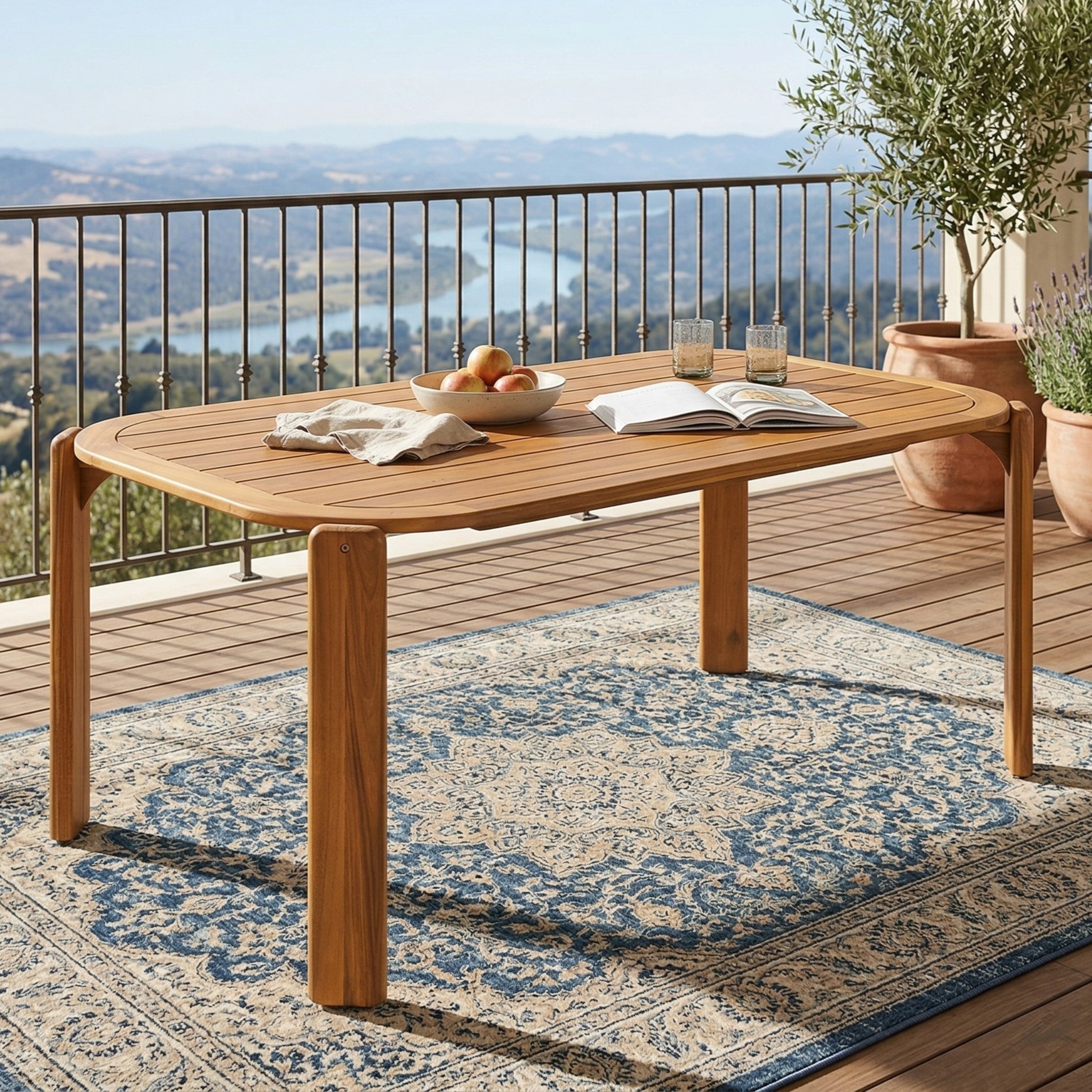 Kaja Outdoor Acacia Wood Dining Table, Teak Finish with Slat