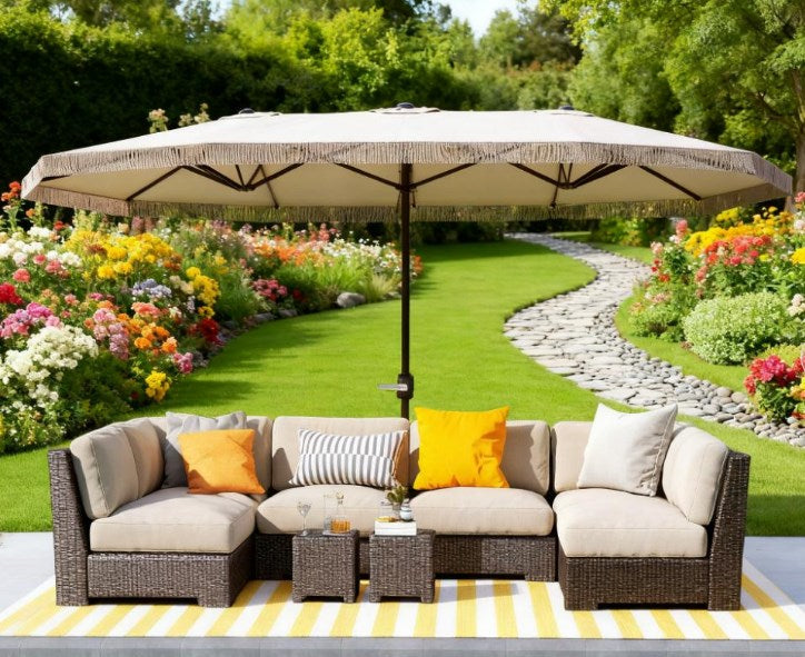 Oversized Fringe Trim Patio Umbrella with Crank Handle