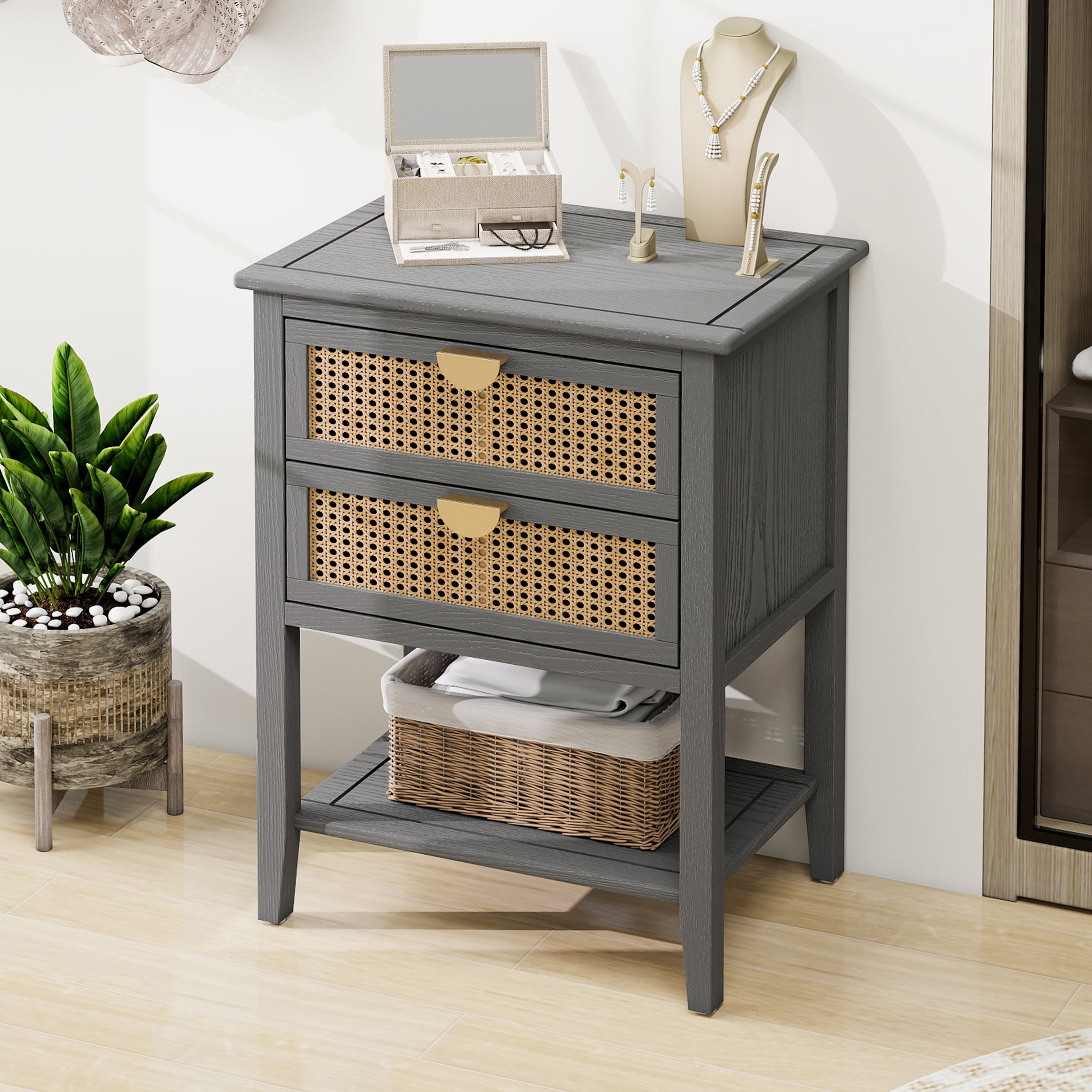 2-Drawer Side Table with Natural Rattan Drawers