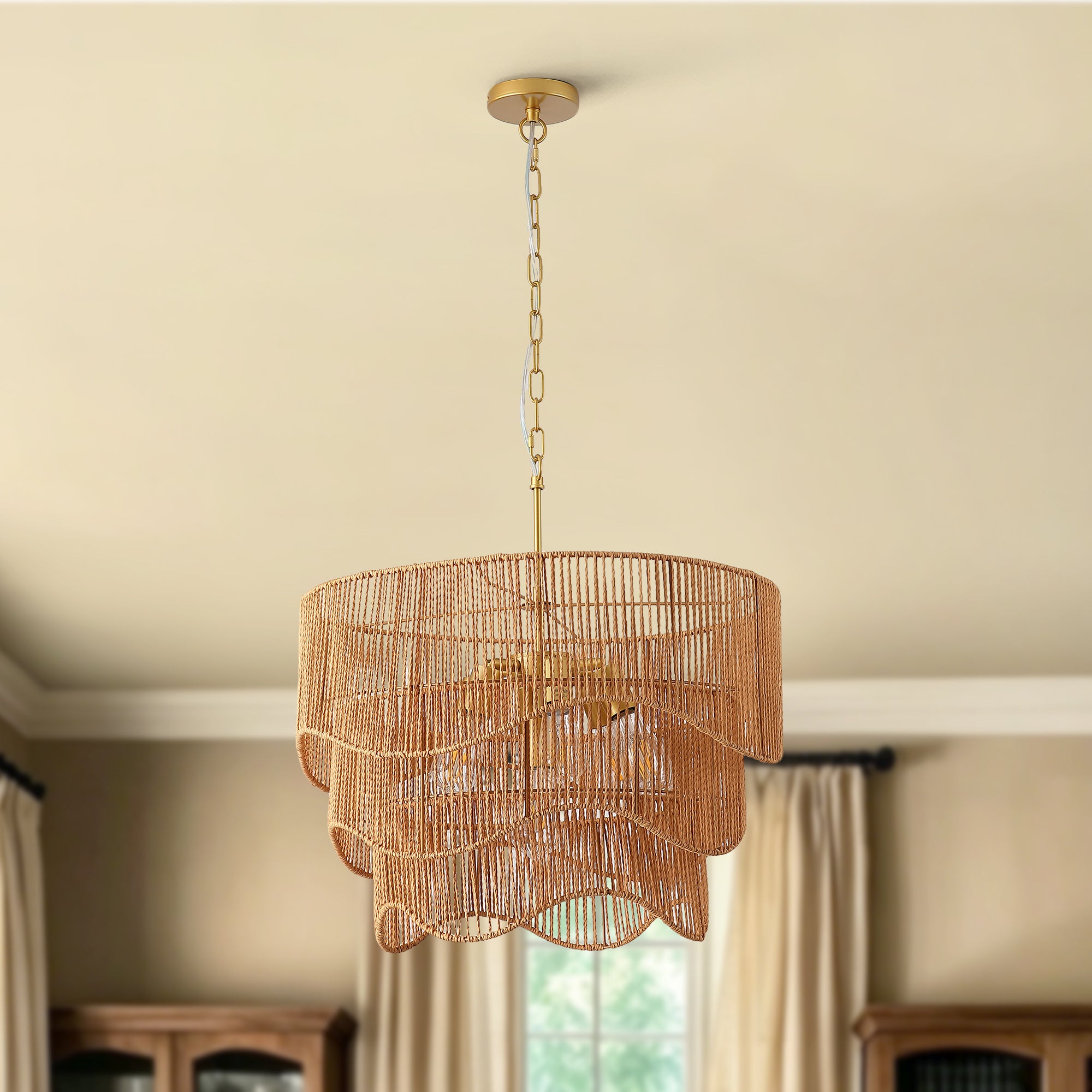 Handwoven Rattan Boho Wave Pendant Chandelier with 7-Lights