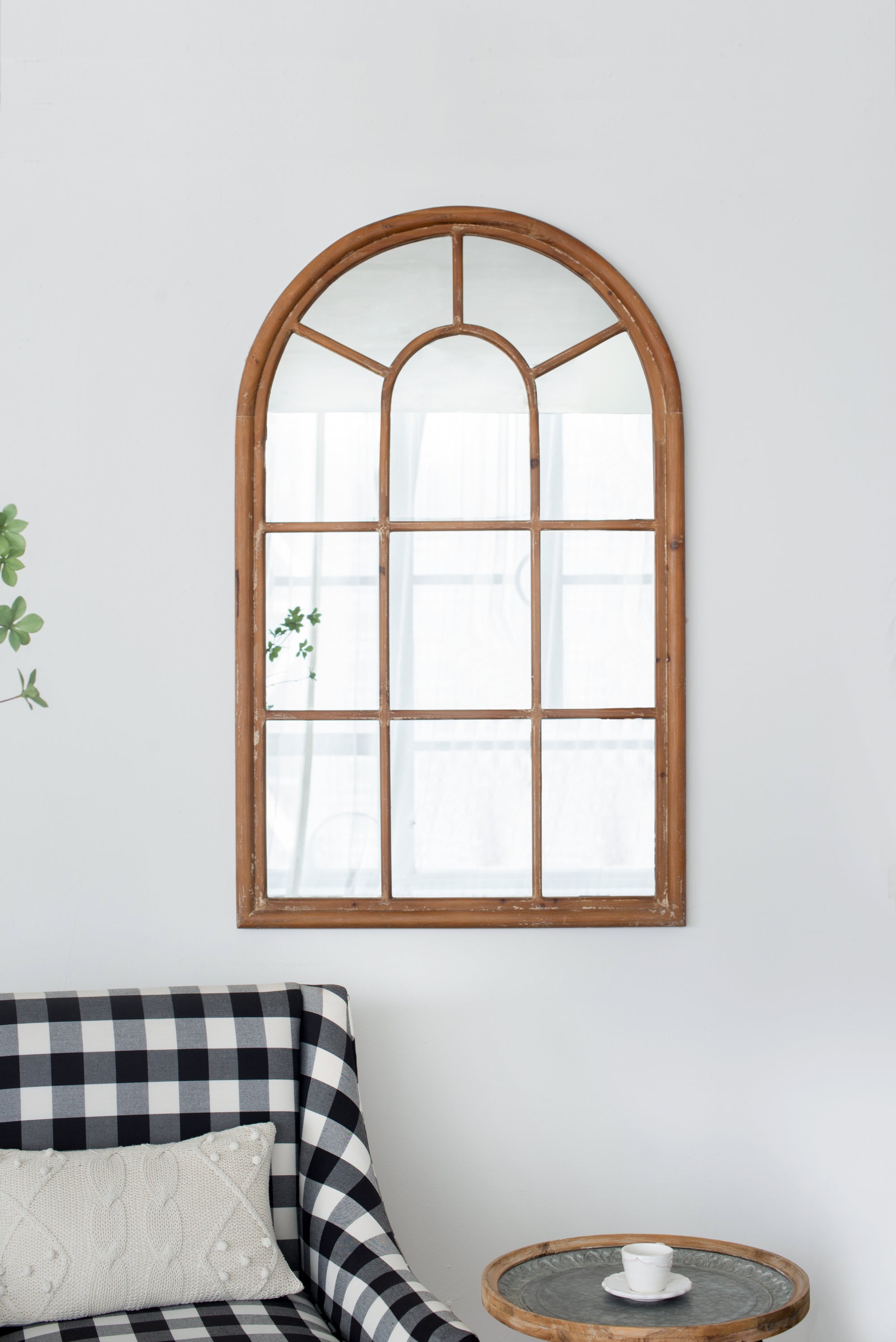 Large Arched Windowpane Accent Mirror with Solid Fir Wood Frame