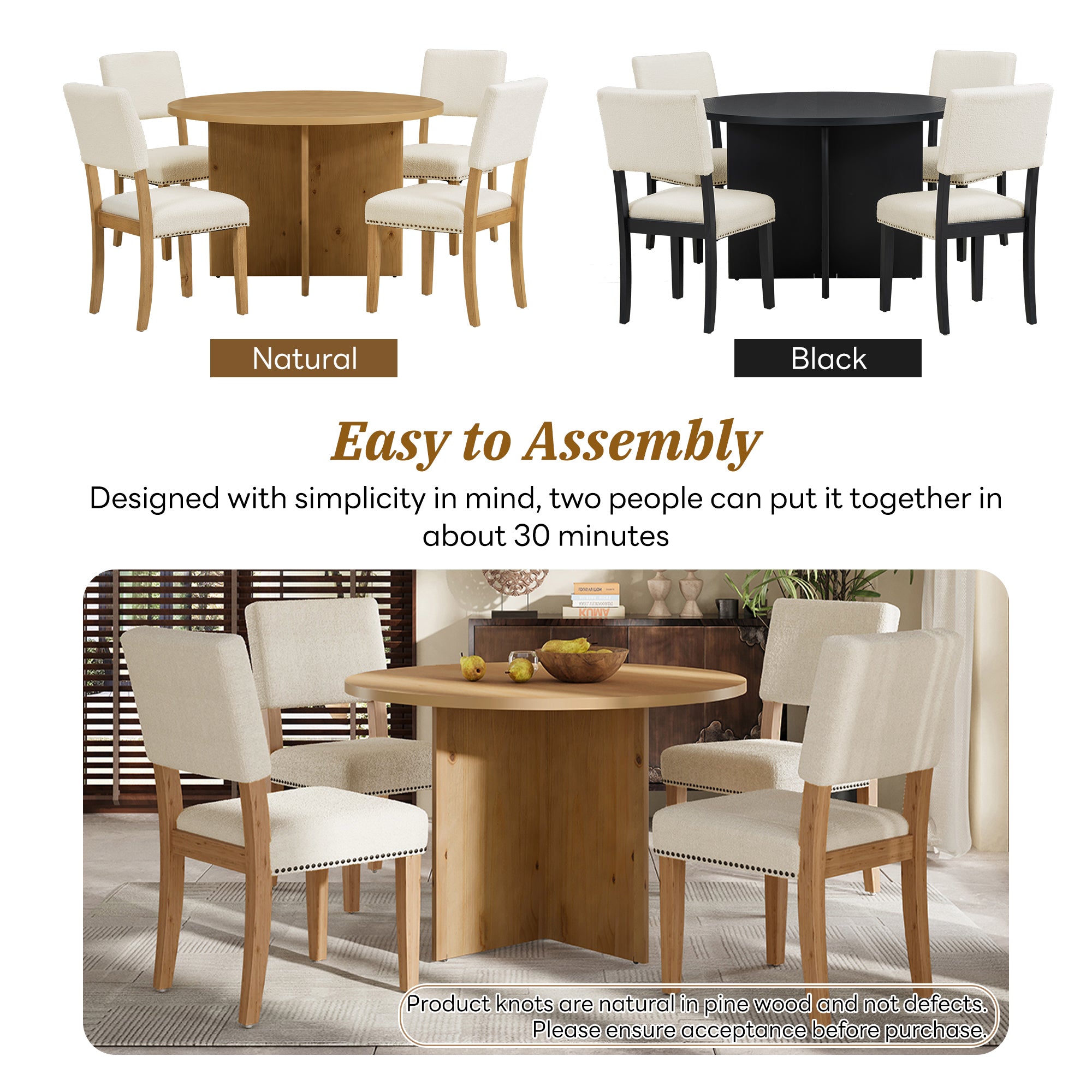 5-Piece Dining Set with Round Tabletop and 4 Upholstered Dining Chairs