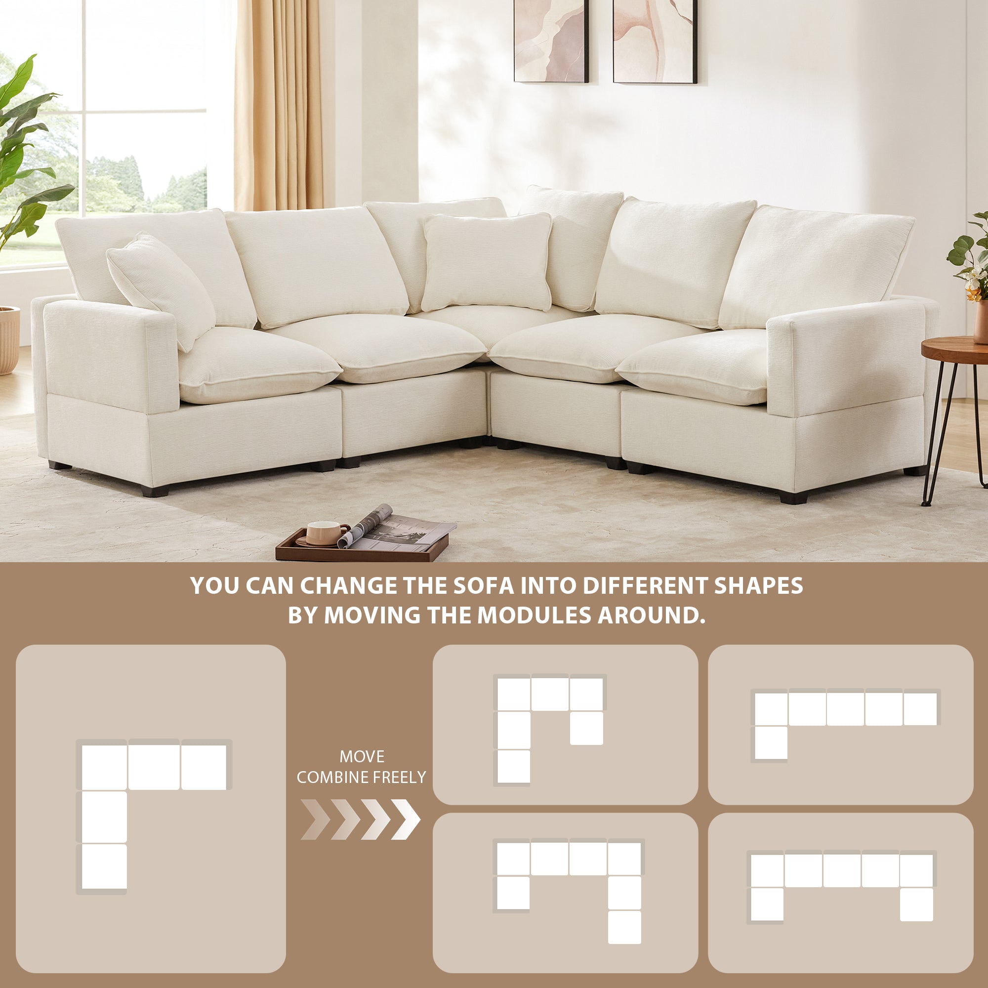 Chenille Modular L-Shape Sofa, Seats 5