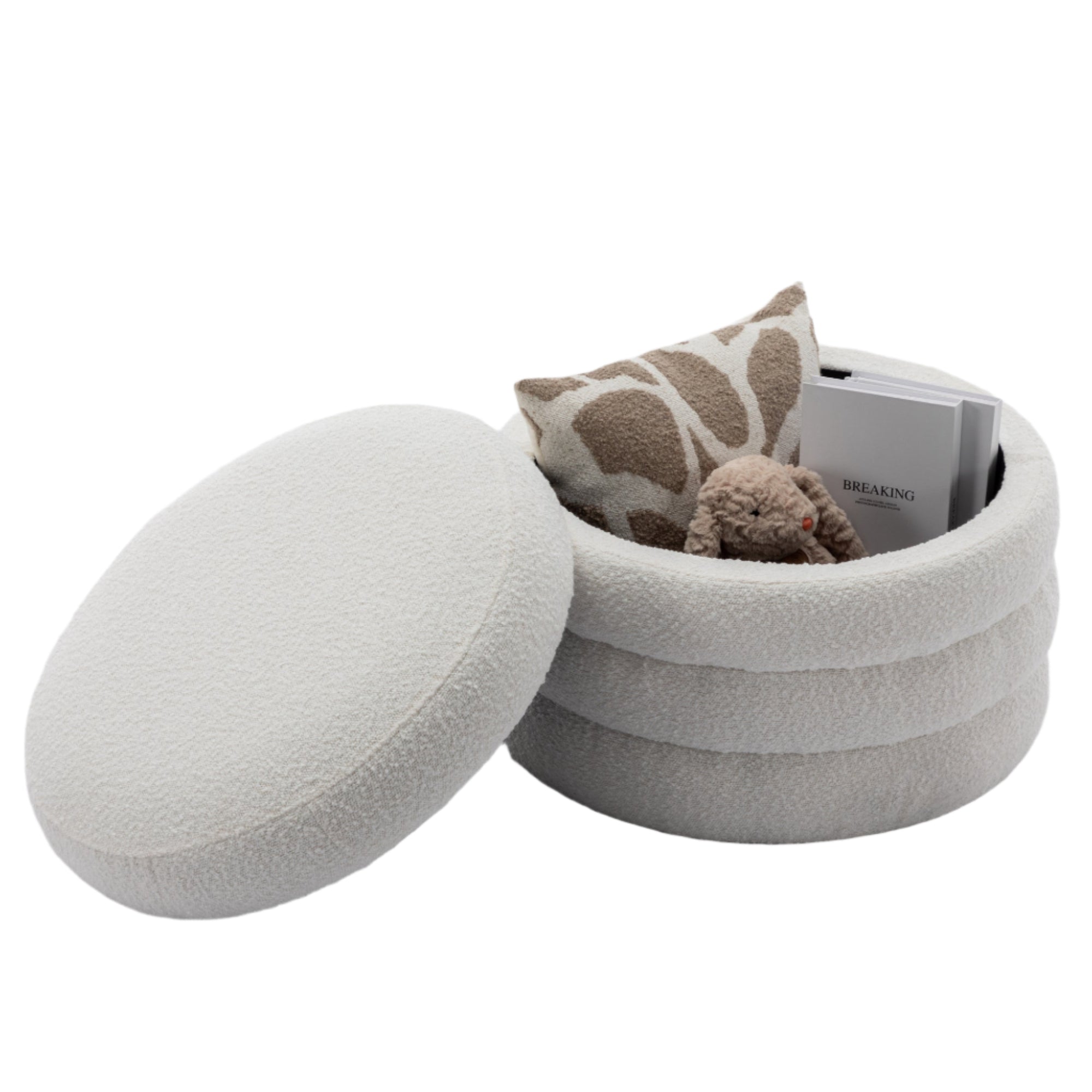 Boucle Storage Round Ottoman Footstool With Wooden Shelving