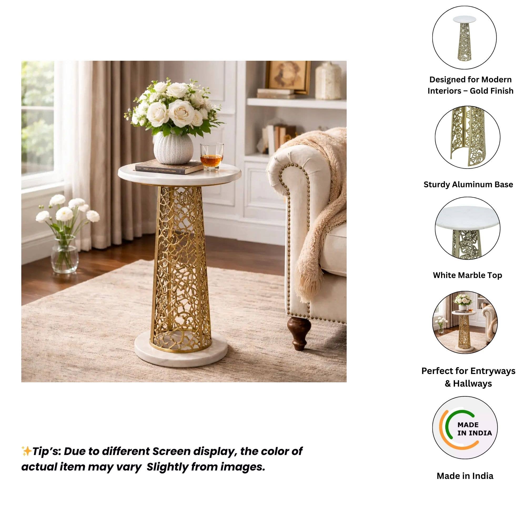 Side Table with White Marble Top and Gold-Finished Base
