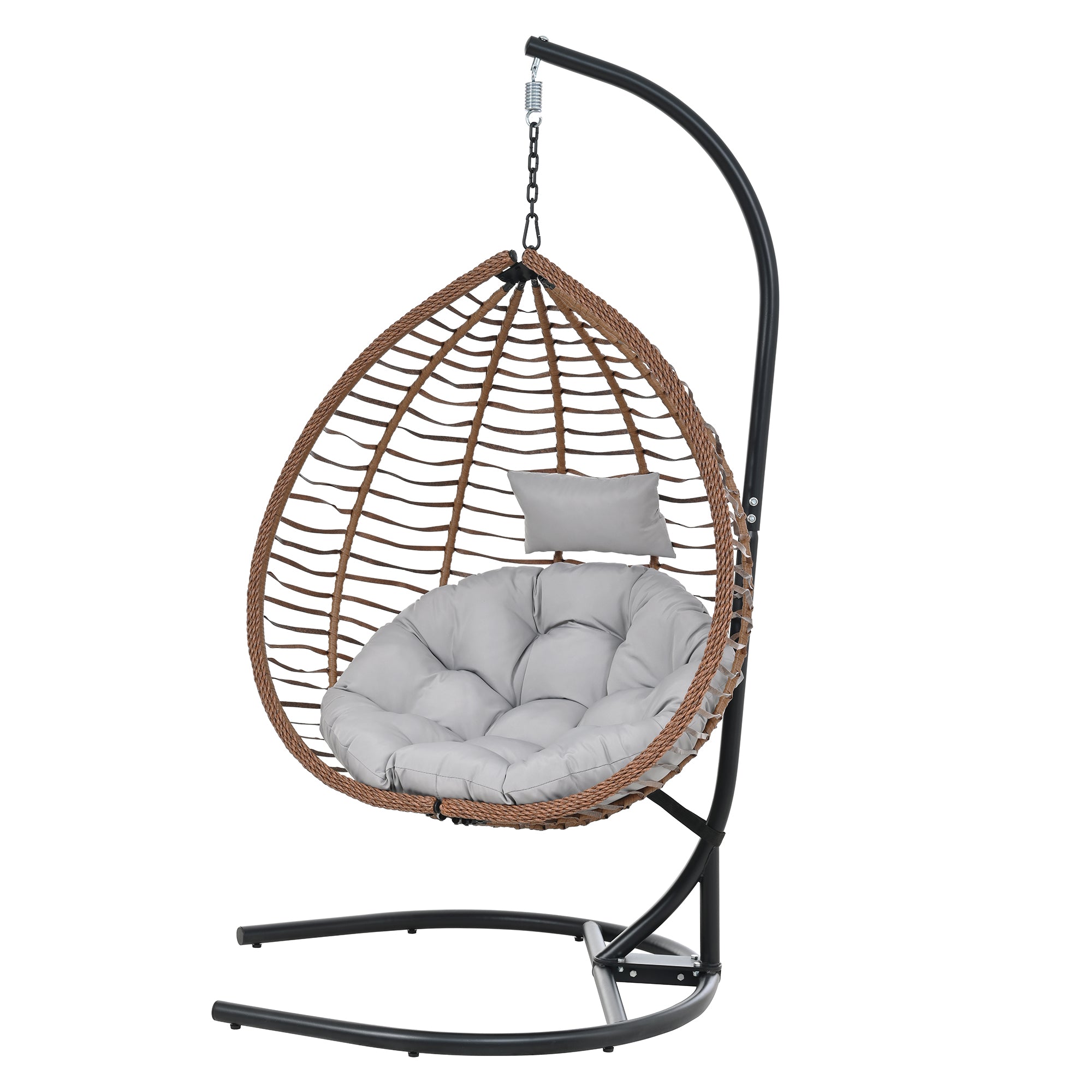 Foldable Rattan Egg Swing Chair with Iron Frame, Plush Cushion & Removable Headrest