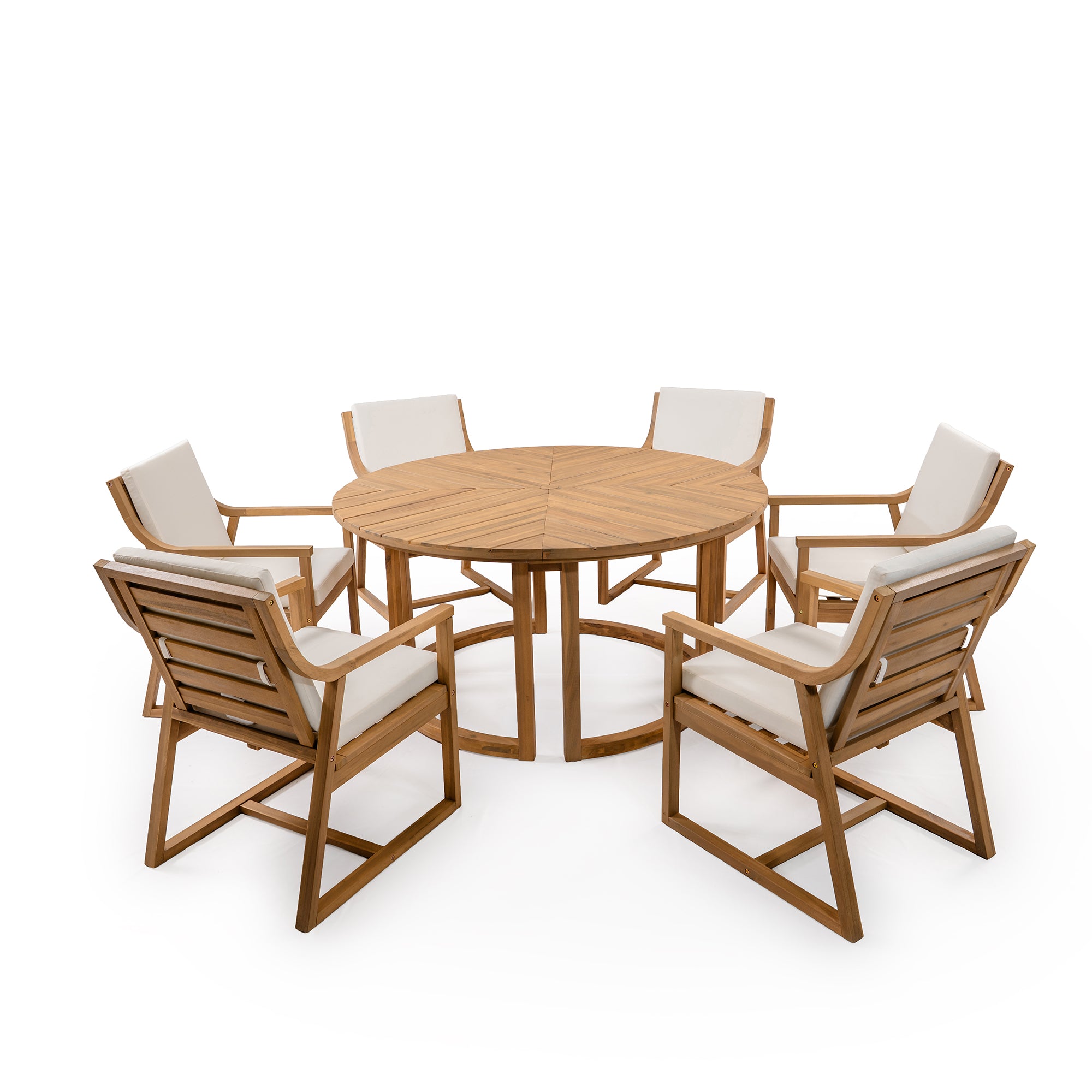 TREXM Patio Dining Table Set for 6, Round Dining Table with 1.96" Umbrella Hole, Outdoor Wooden Patio Furniture Set with Removable Cushions for Garden, Backyard and Pools (Light Teak+Beige Cushion)
