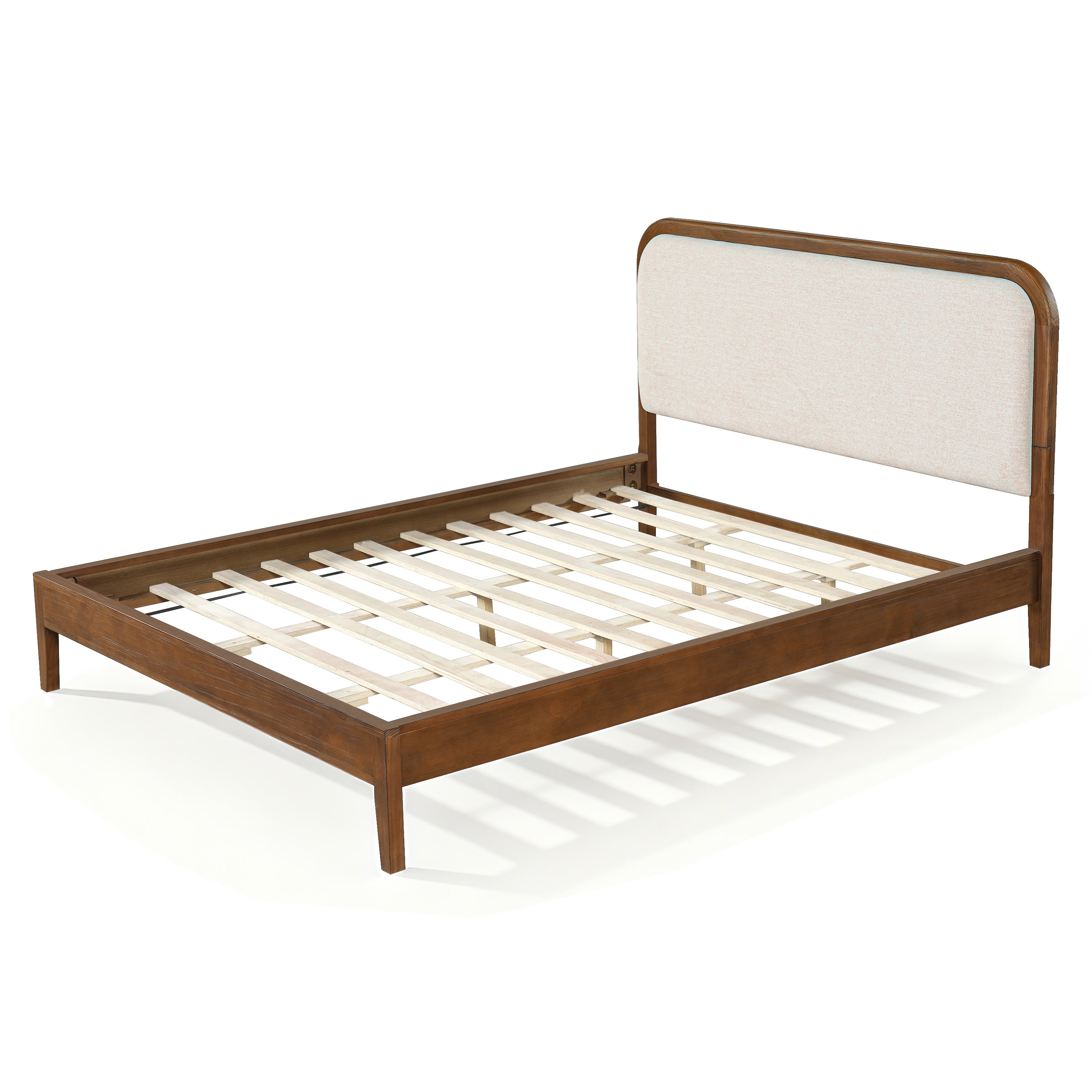 Acacia Wood Bed Frame With Beige Upholstered Headboard