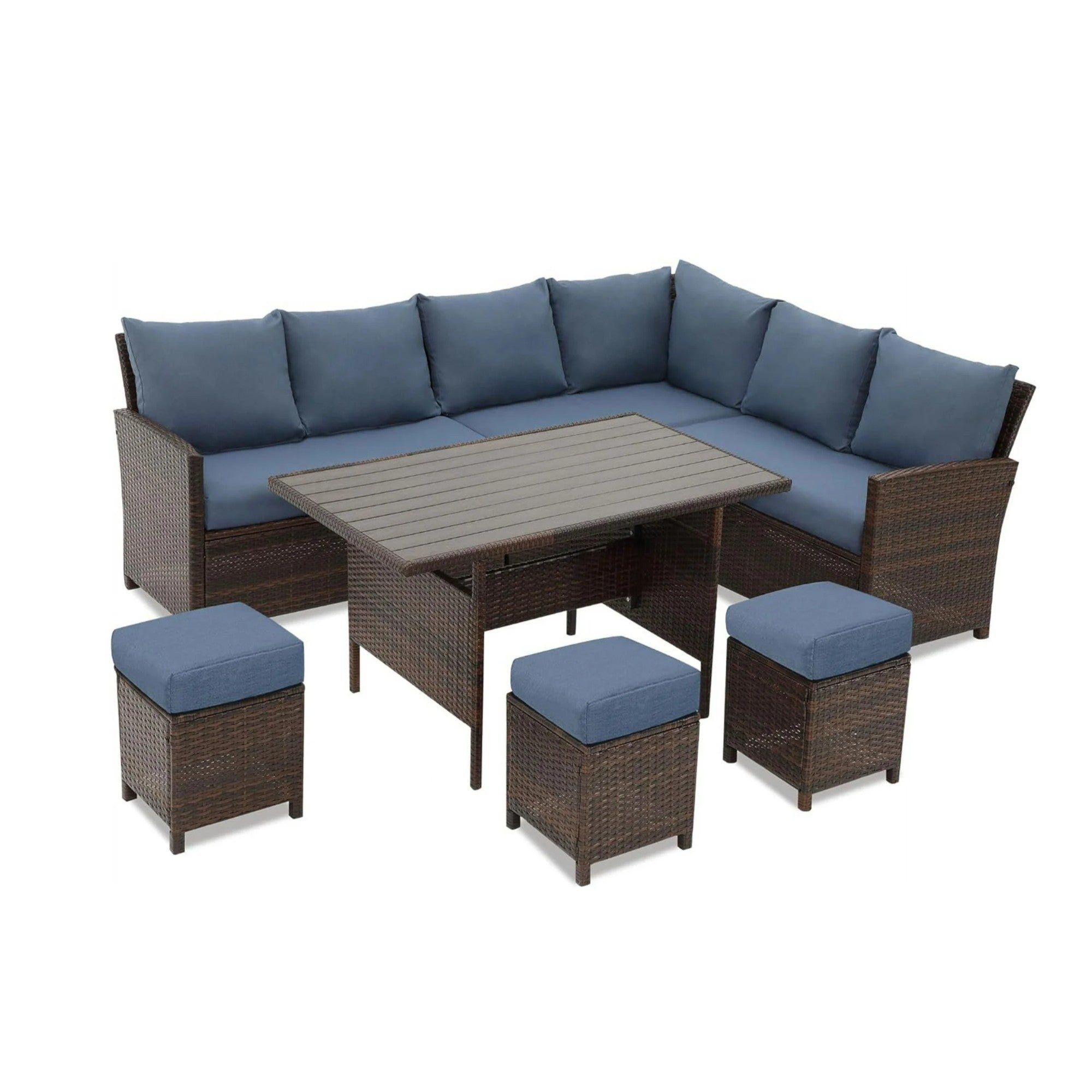 7-Piece All-Weather Wicker Patio Dining Set with Blue Cushions