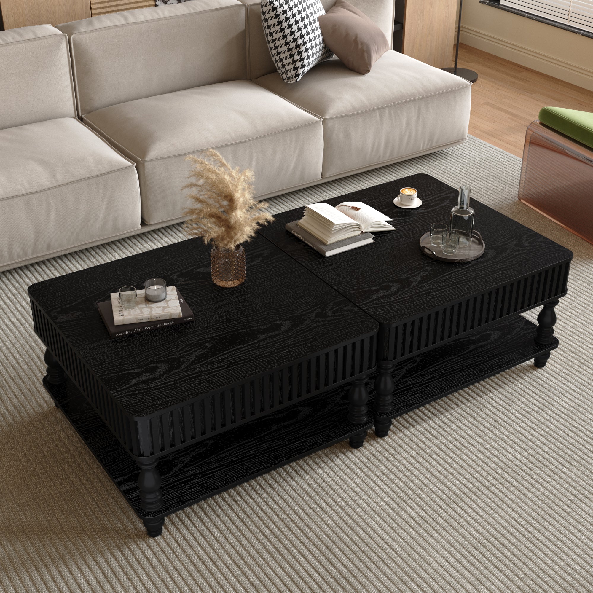Square Fluted Lift-Top Coffee Table with Hidden & Open Storage