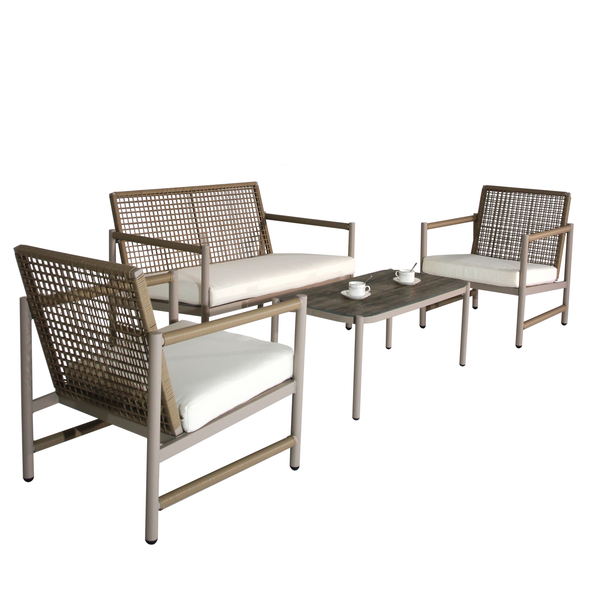 4-Piece PE Rattan Patio Set with Glass Tabletop, Loveseat and 2 Single Sofas
