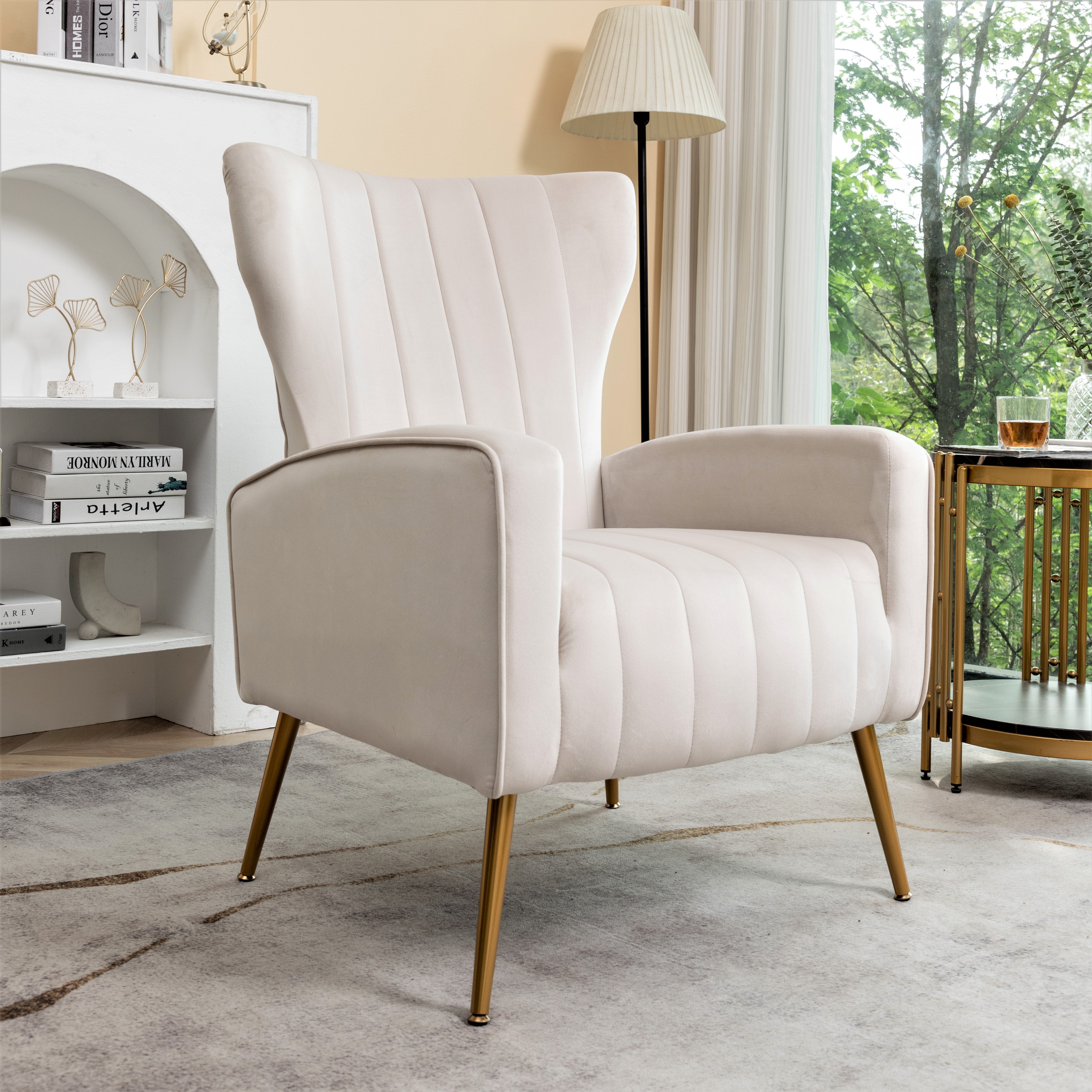 Velvet Accent Chair with Metal Legs, Modern Upholstered Armchair, Wingback Side Chair for Living Room Bedroom Small Spaces