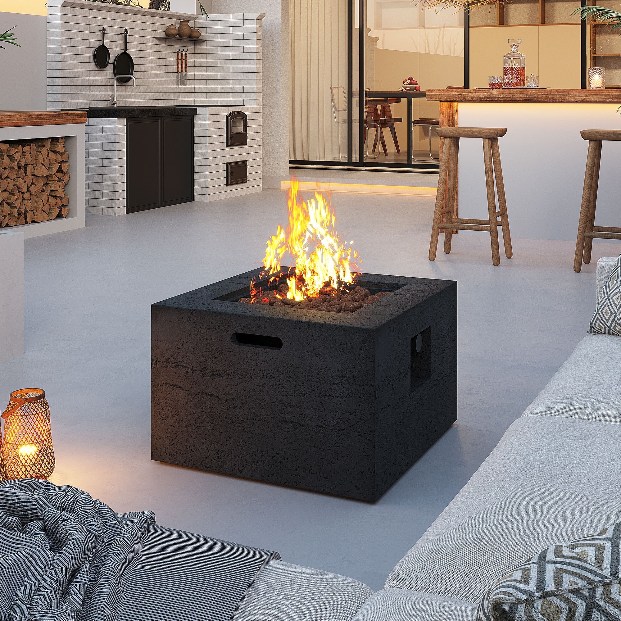 Outdoor Square Fire Pit with Steel Burner, Lava Rocks and Cover