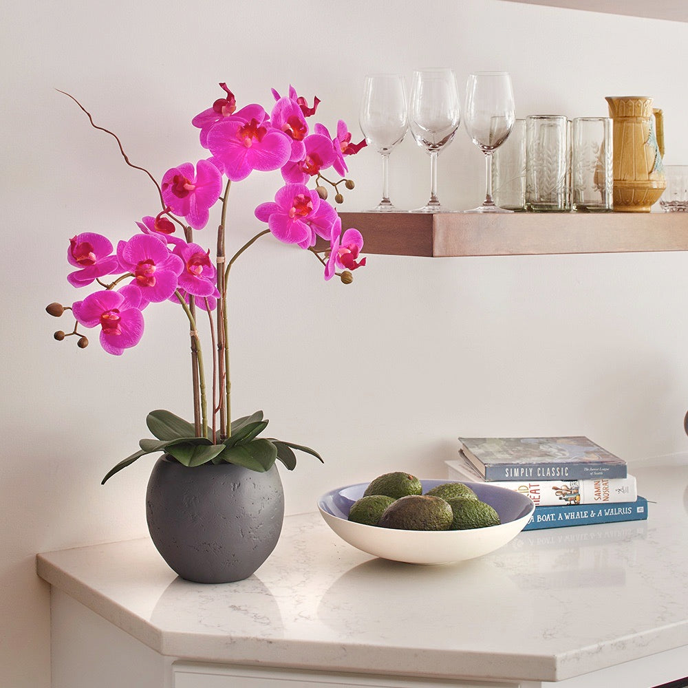 Faux Pink Double Stem Orchid in modern gray pot