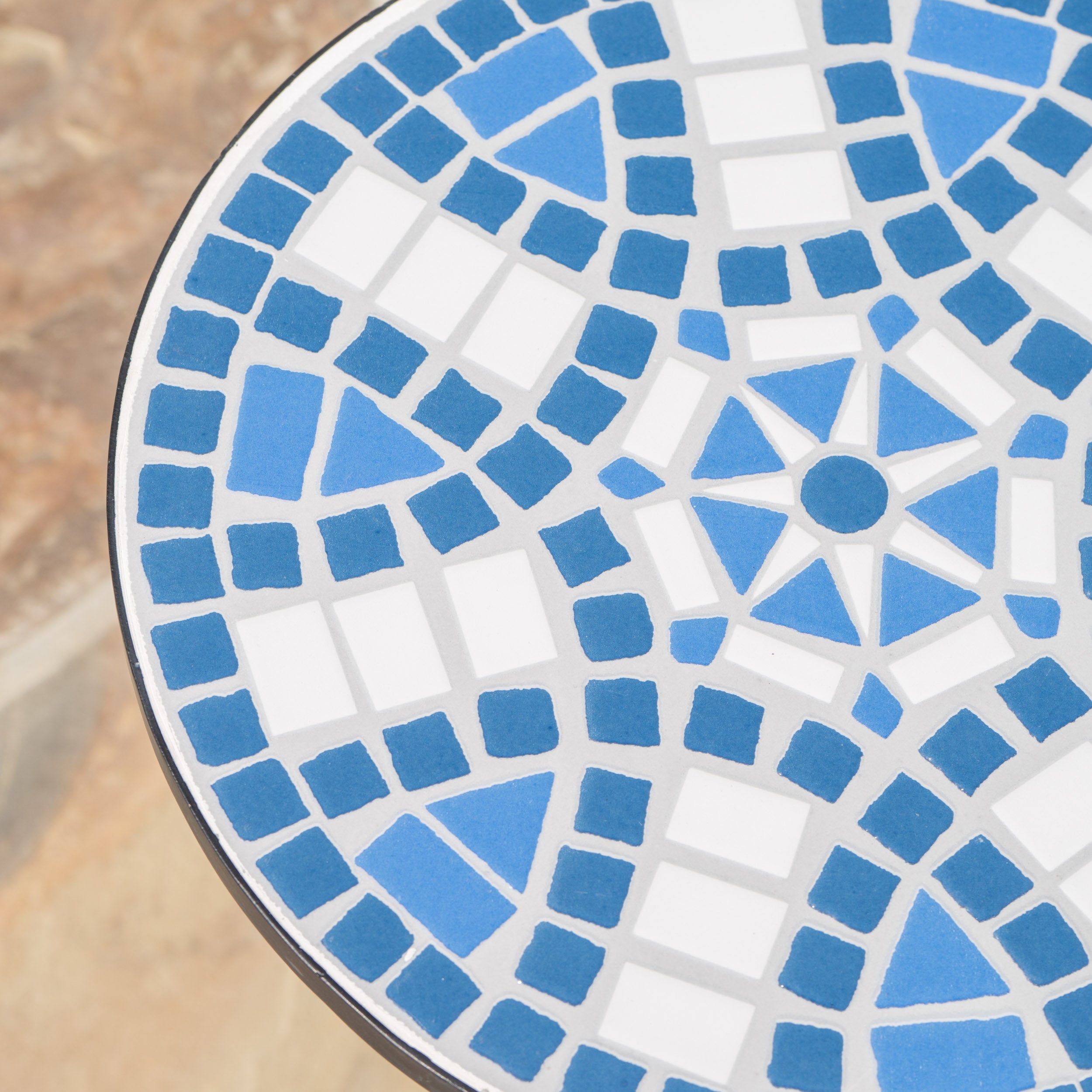 Outdoor Round End Table with Mosaic-Style Top and Curved Iron Legs